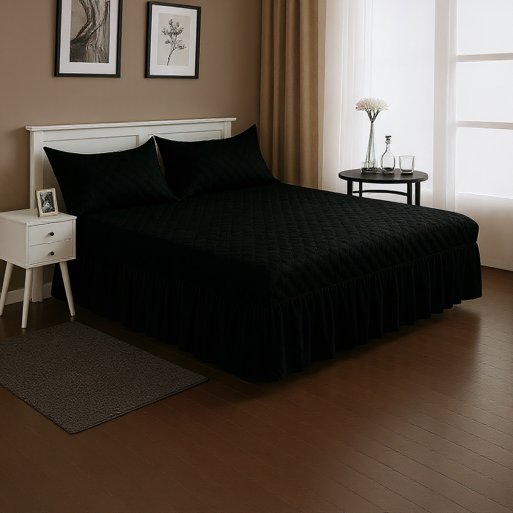 Faldón Cama Doble 2 Plazas Acolchado + 2 Fundas Negro-2