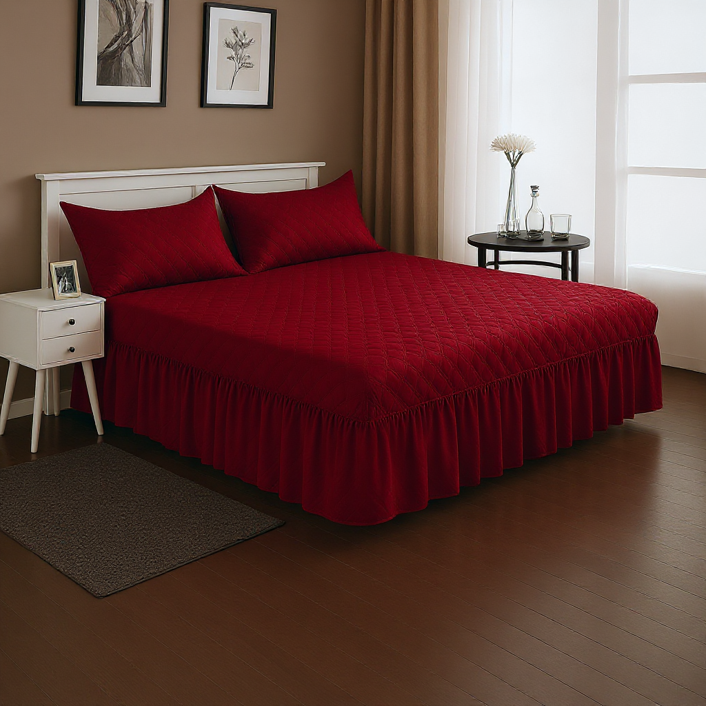 Faldón Cama Doble 2 Plazas Acolchado + 2 Fundas Burdeo-2
