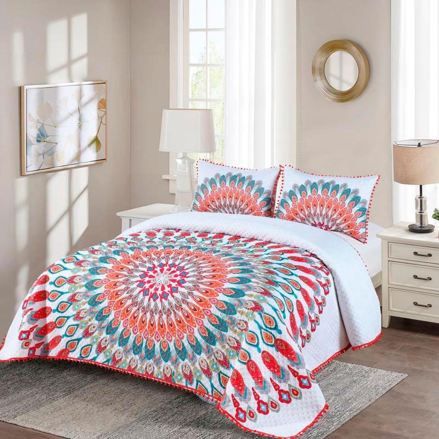 Cubrecama Quilt 2 Plazas Diseño Mandala Real Con Pompones-0