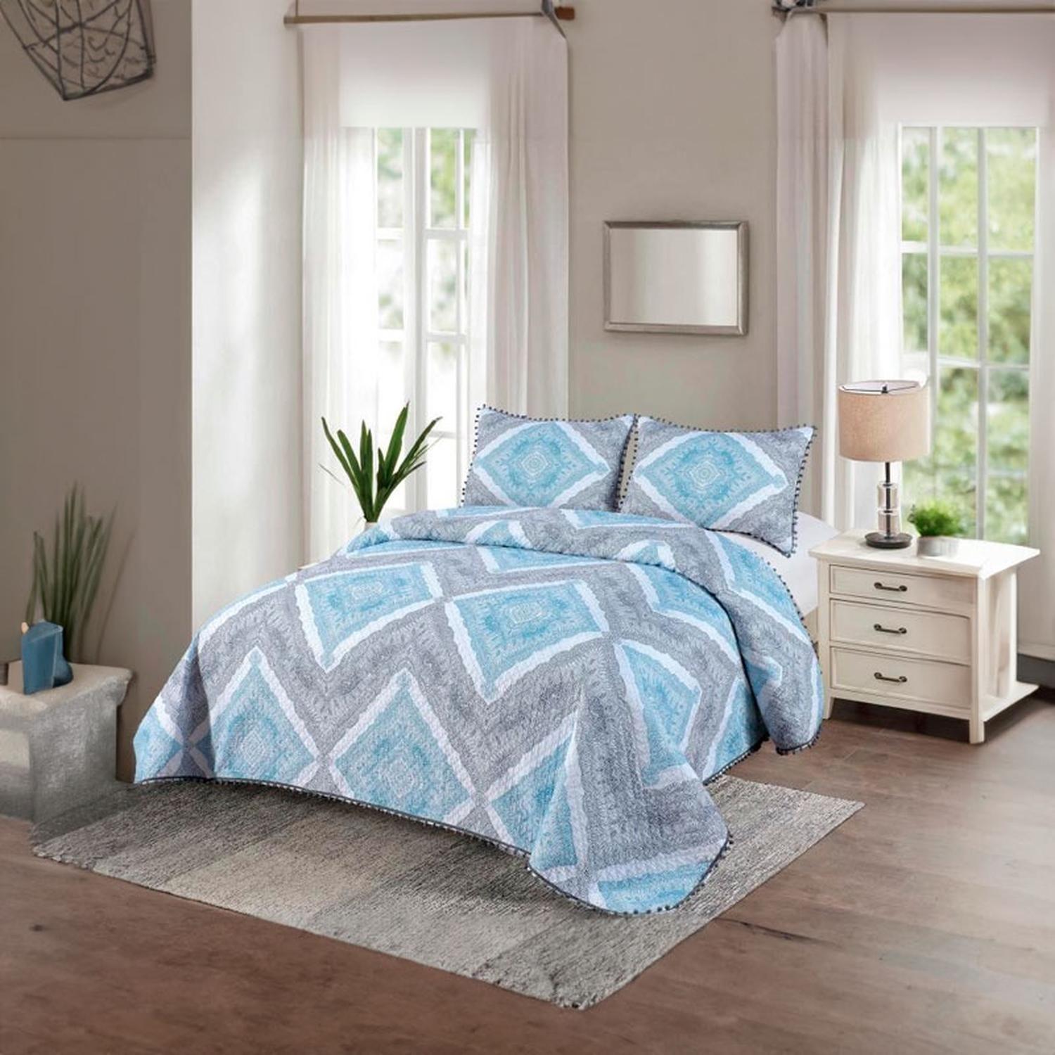 Cubrecama Quilt 2 Plazas Diseño Rombo Elegante Con Pompones-1