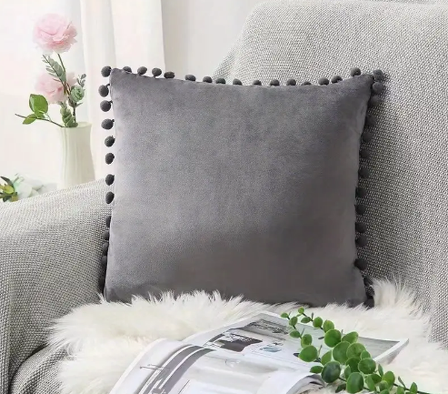 Funda Terciopelo Para Cojin Pompon Decorativas 45x45-0