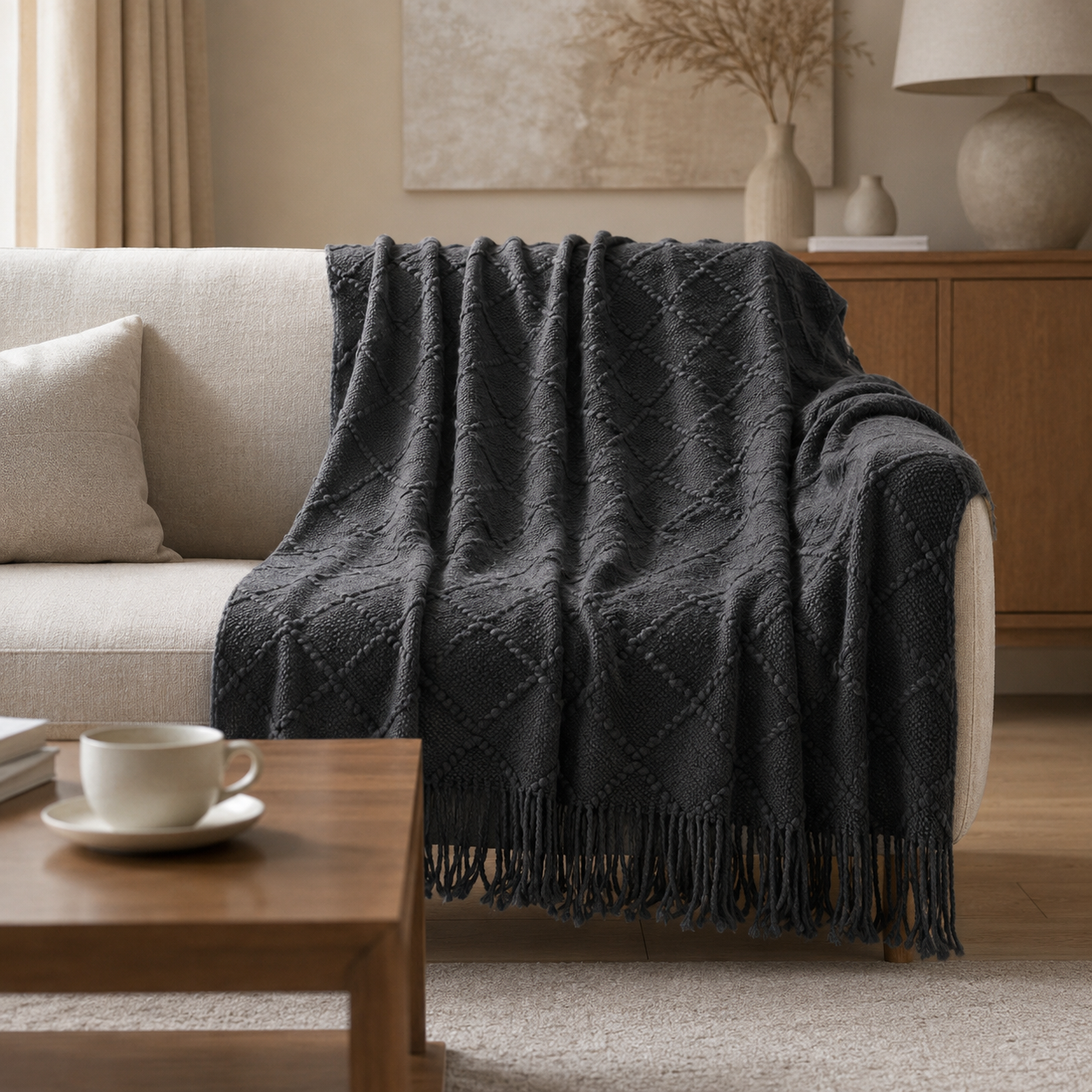 Manta Gris Oscuro Liviana Decorativa Para Cama Y Sillón 012 Calidad Premium-4