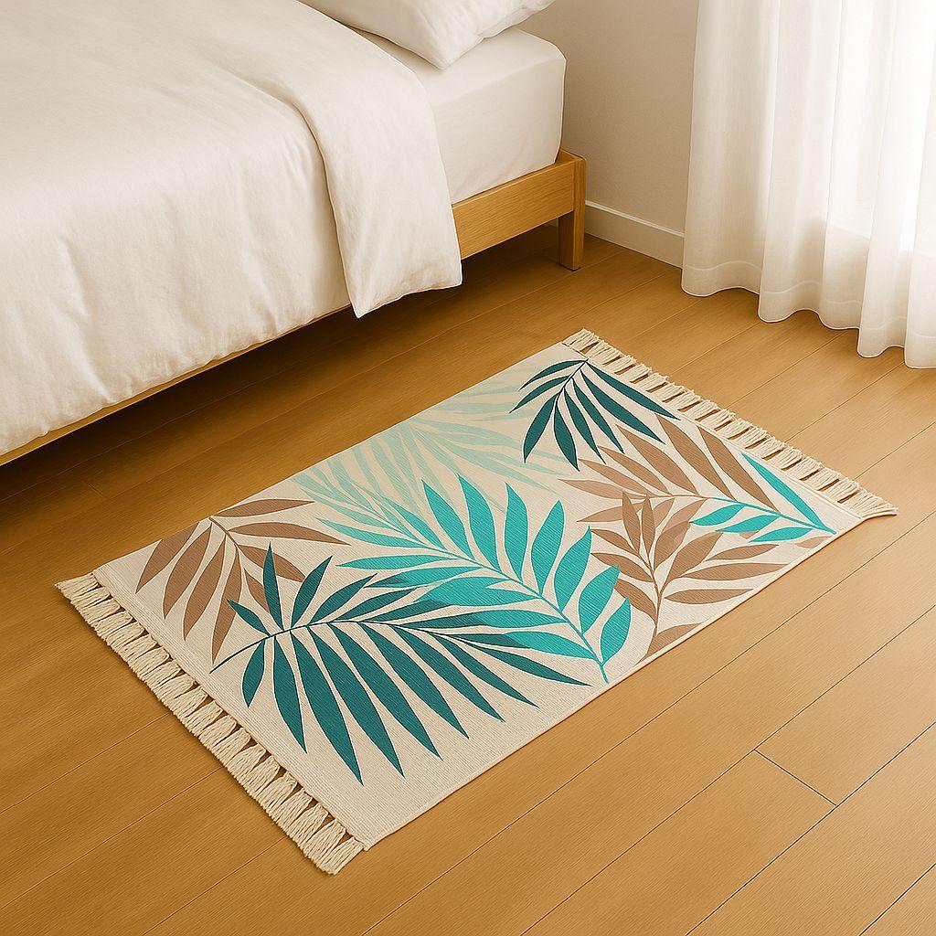 Bajada De Cama 60x90cm De Lino Tropical Con Hojas Verdes 732-1