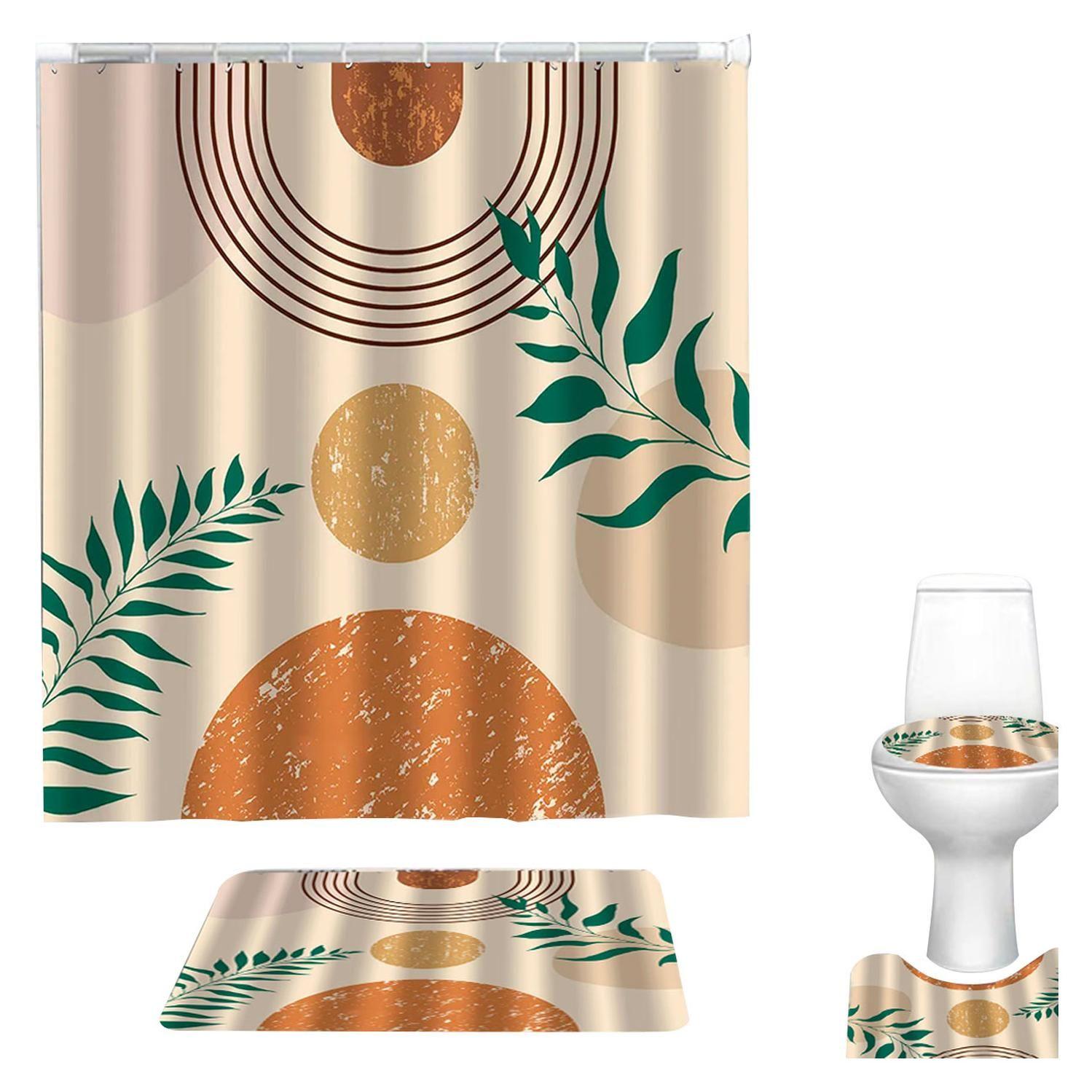 Cortina De Ducha + Set De Alfombra + Tapete Baño Hojas Estilo Nordico-0
