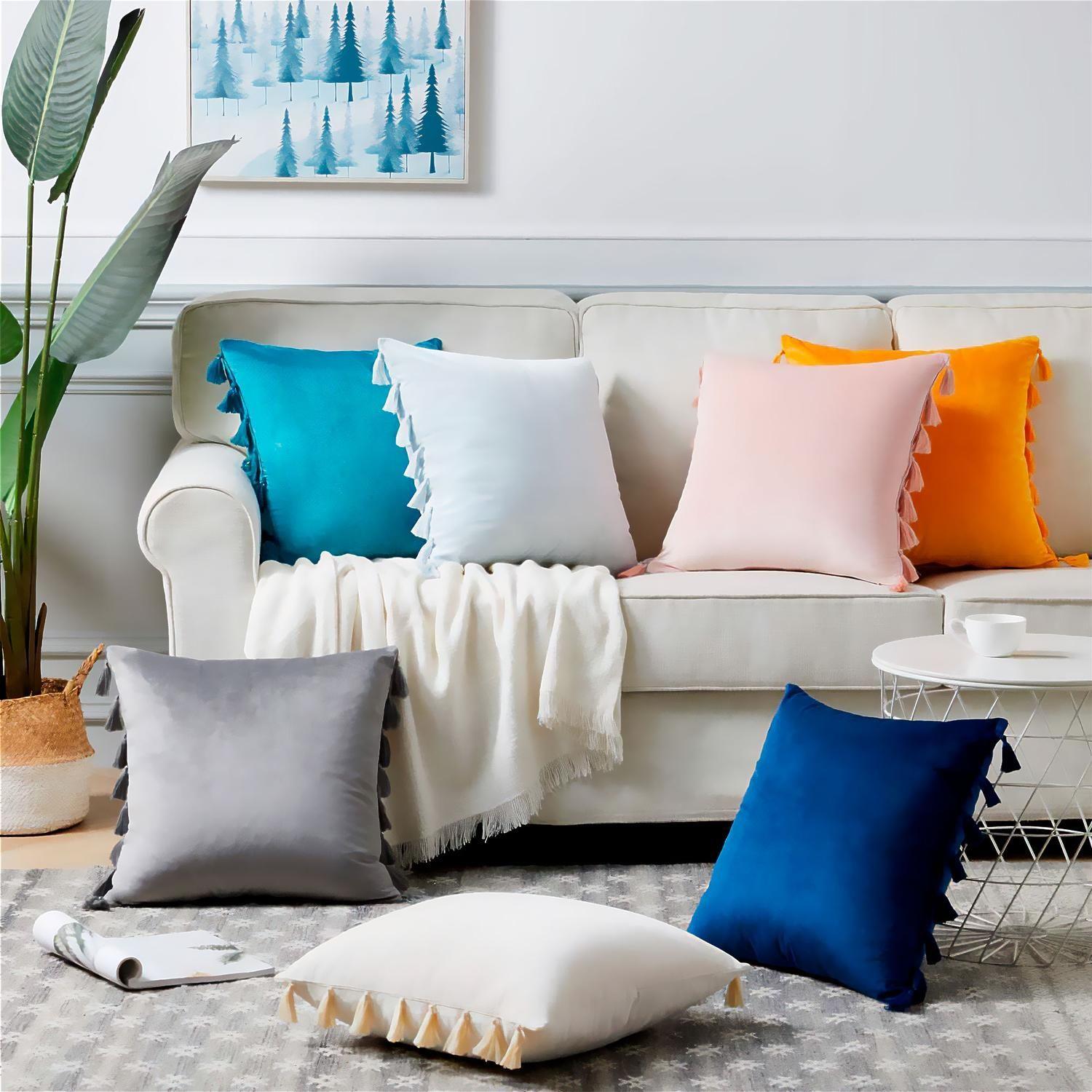 Fundas Para Cojín 45x45 Decorativas Con Borla Turquesa Pack 4U-4