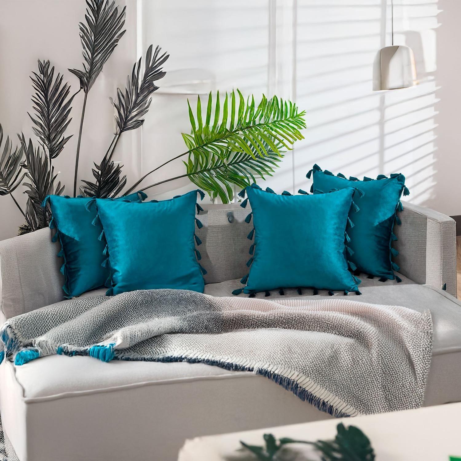 Fundas Para Cojín 45x45 Decorativas Con Borla Turquesa Pack 4U-5