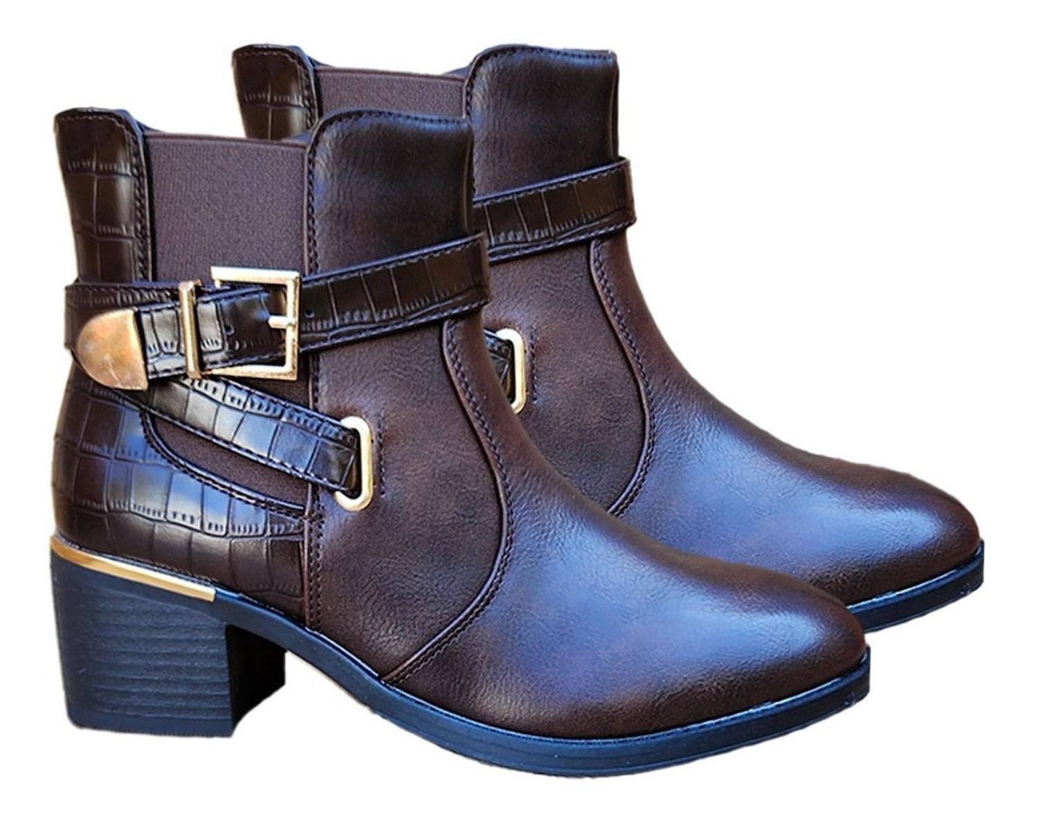 Botin Media Caña Cuero Pu Mujer Casual Otoño Invierno Marrón - 7138-2