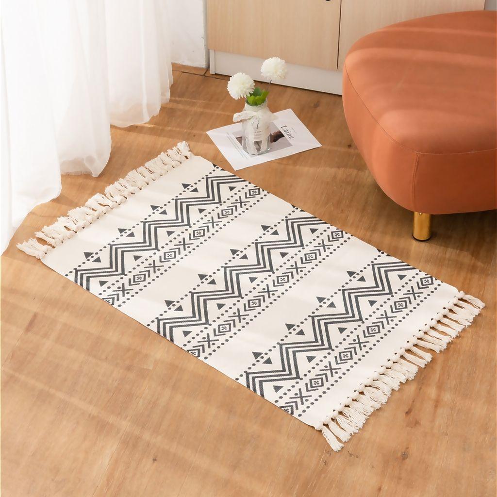 Bajada De Cama 60x90 Cm De Lino Con Diseño Étnico Negro 738-1