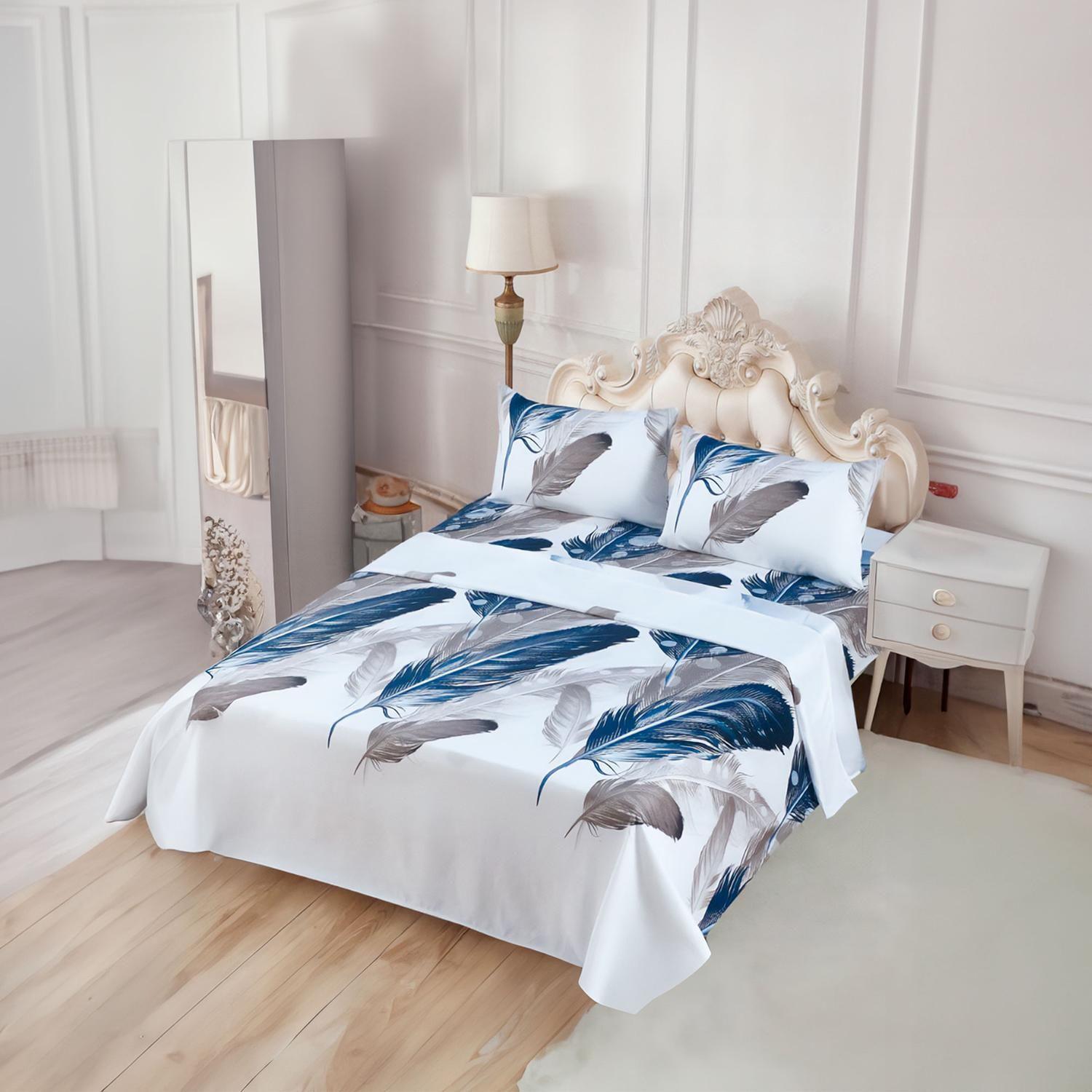 JUEGO DE SABANAS 2.0 ALGODON 200 HILOS PLUMAS AZUL 591-2