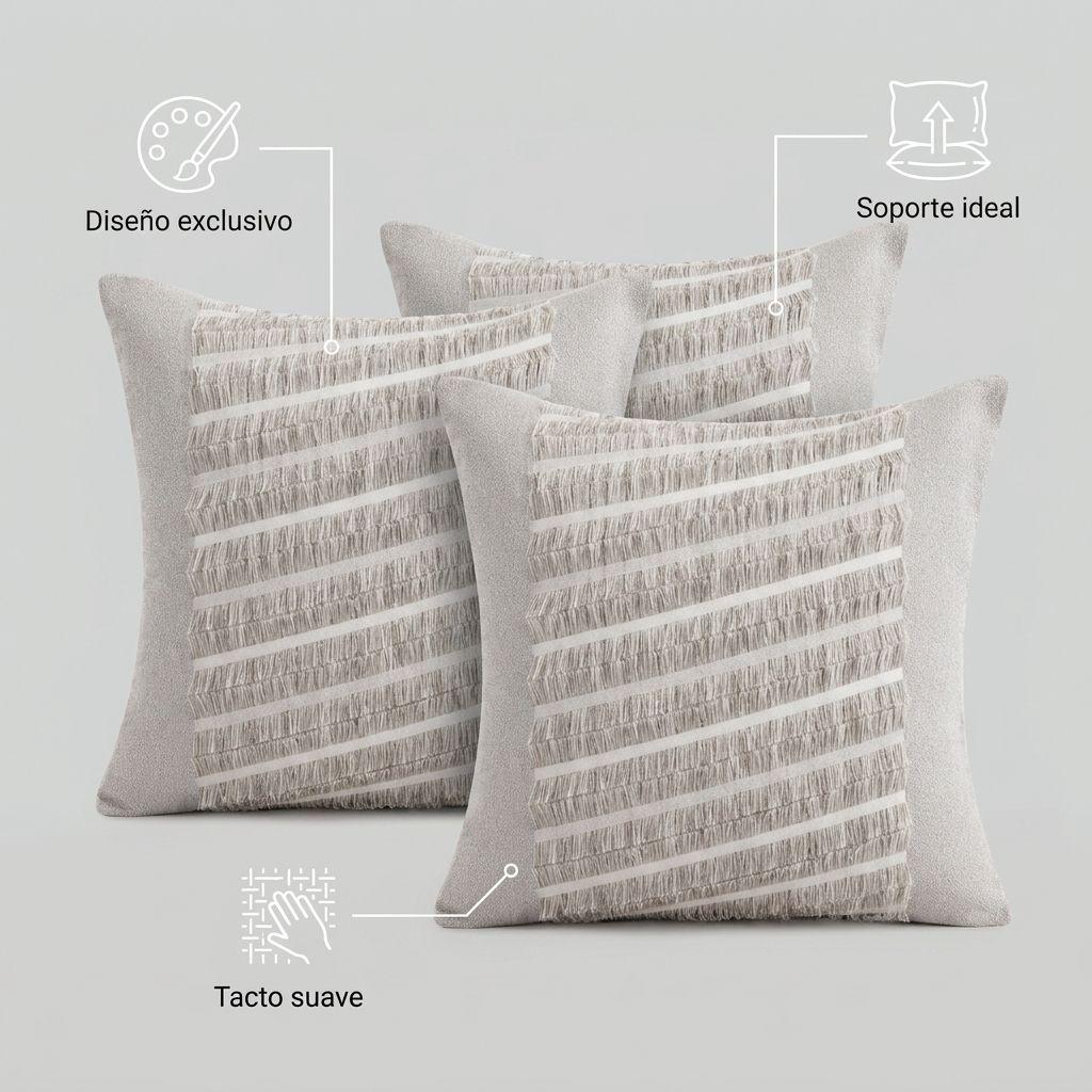Pack 3 Fundas de Cojín Decorativas Gris con Franjas y Flecos 45 cm 768-3