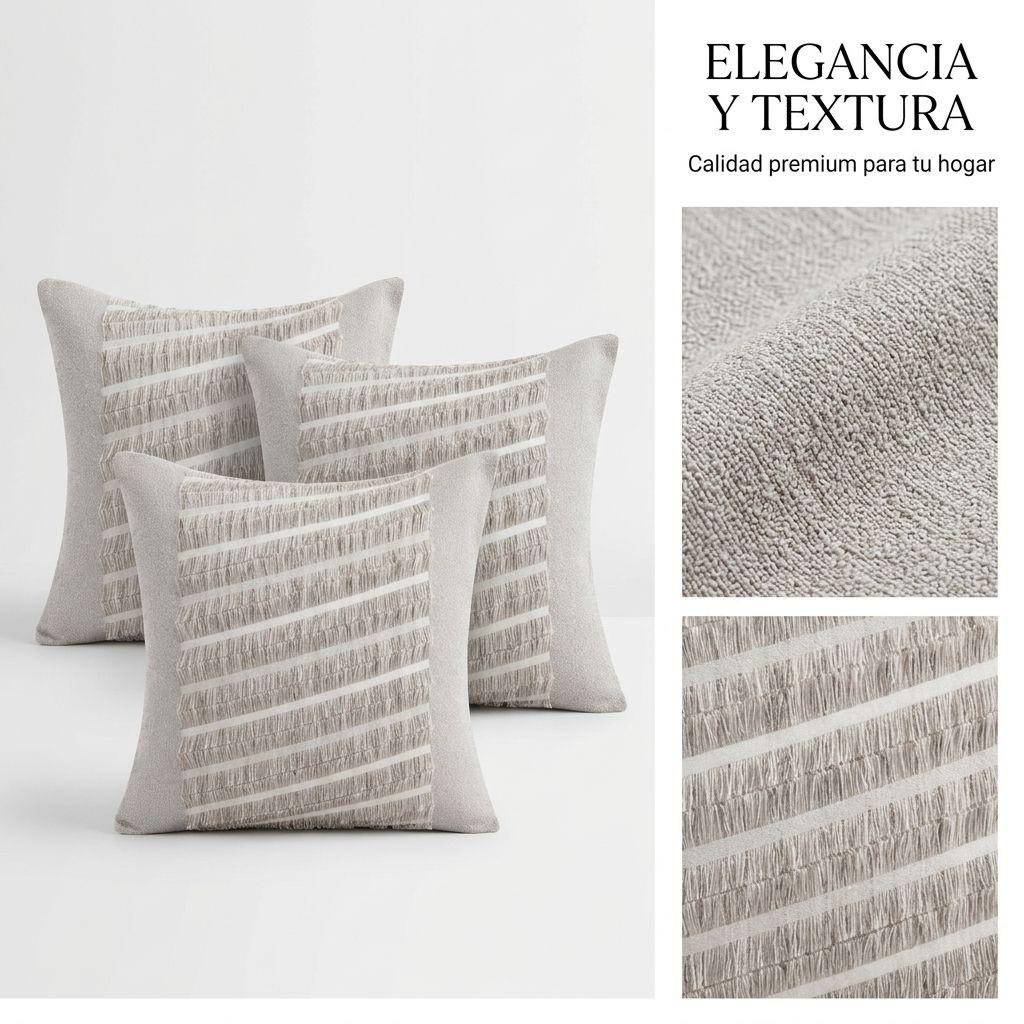 Pack 3 Fundas de Cojín Decorativas Gris con Franjas y Flecos 45 cm 768-6