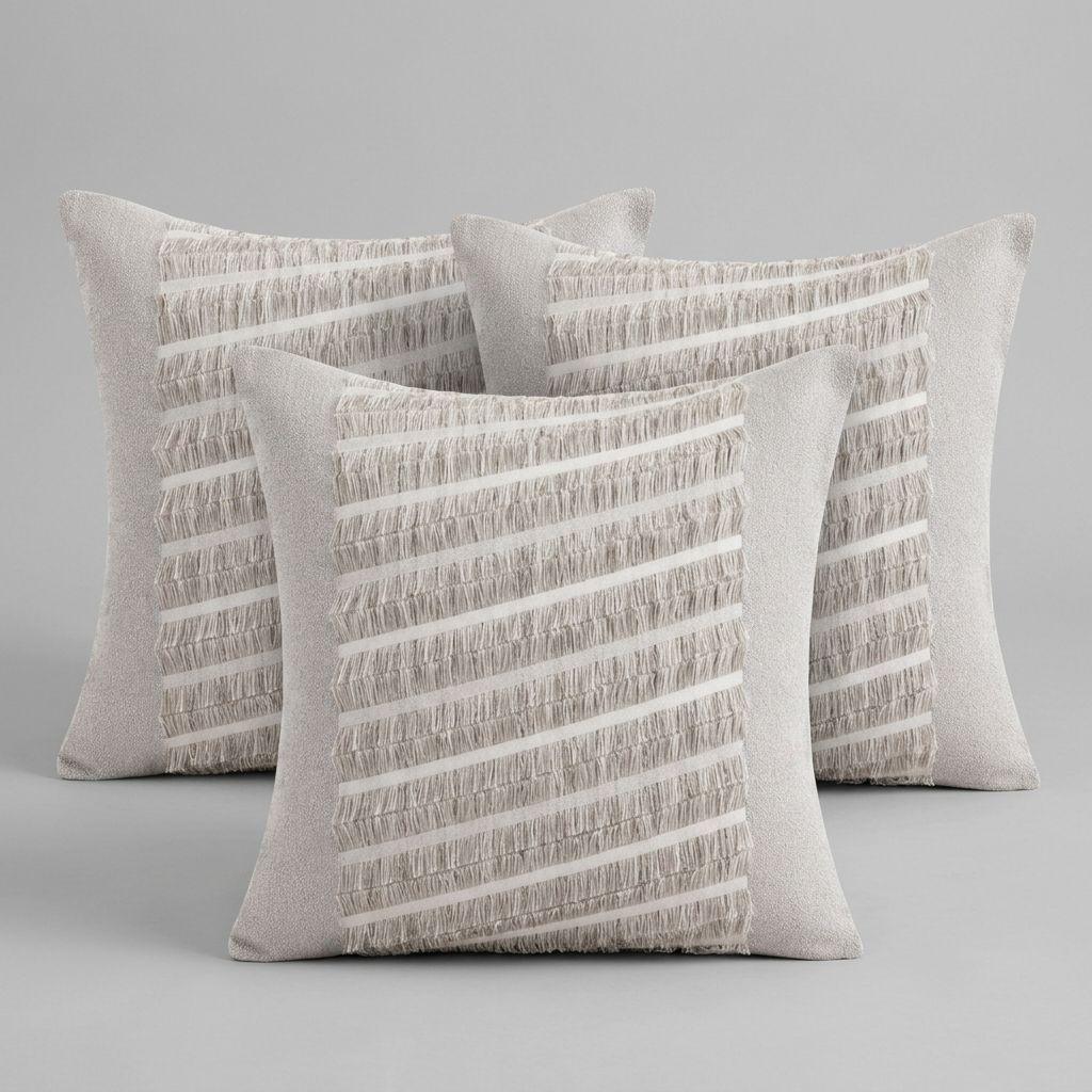 Pack 3 Fundas de Cojín Decorativas Gris con Franjas y Flecos 45 cm 768-7
