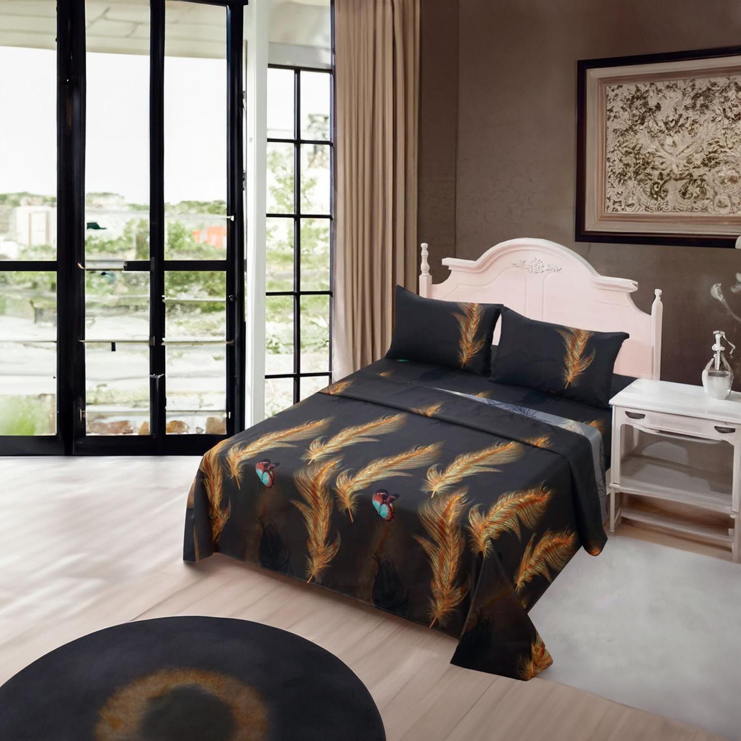 Juego De Sabanas 3.0 Algodon 200 Hilos Plumas Cafe 599-2