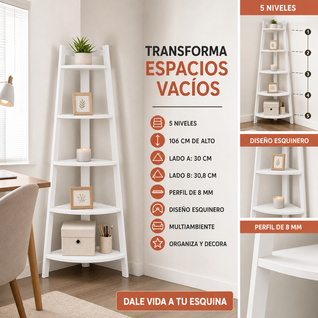 Mueble Esquinero Multiambiente 5 Niveles Blanco 106 Calidad Premium-6
