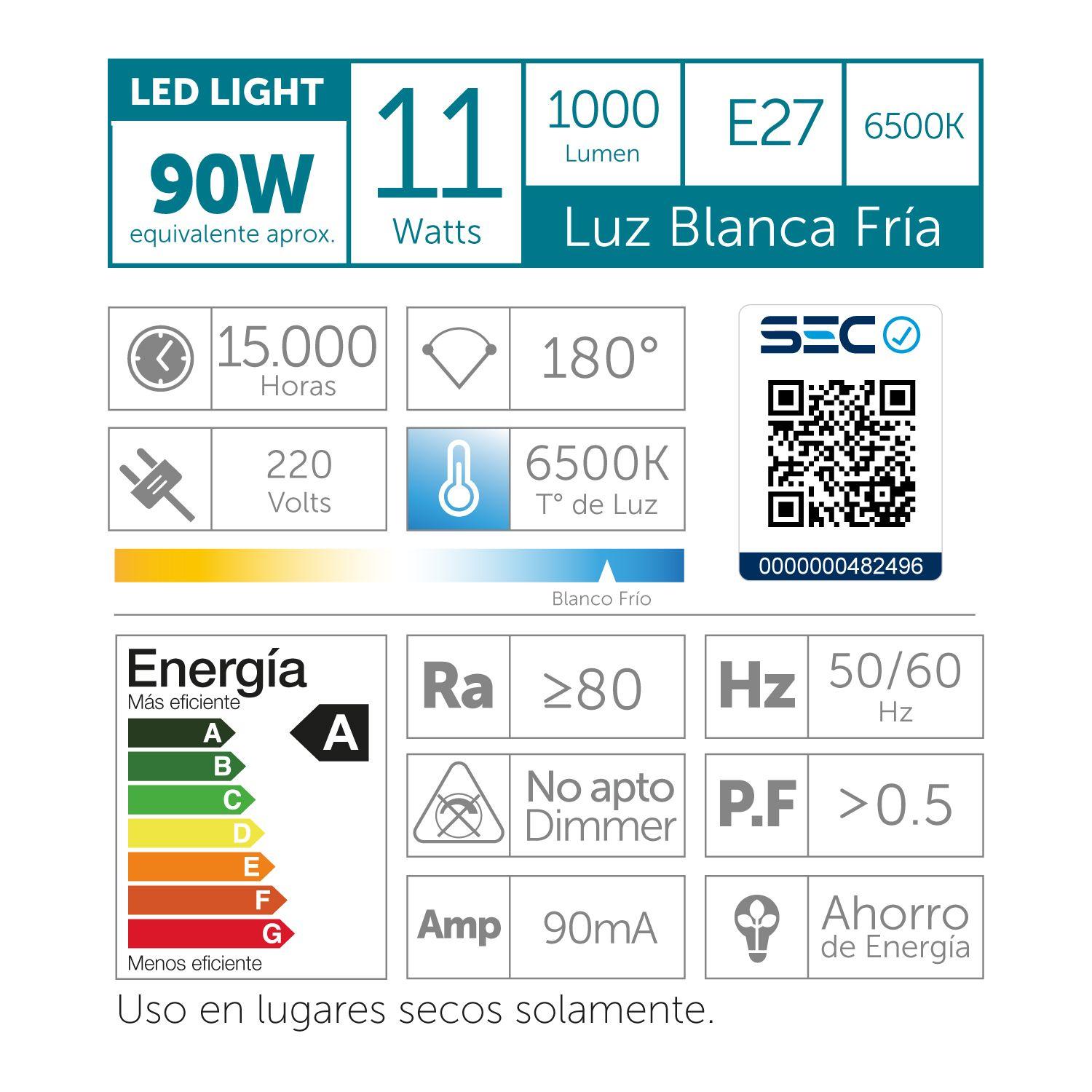 Ampolleta Led a60 11w Luz Fría-2