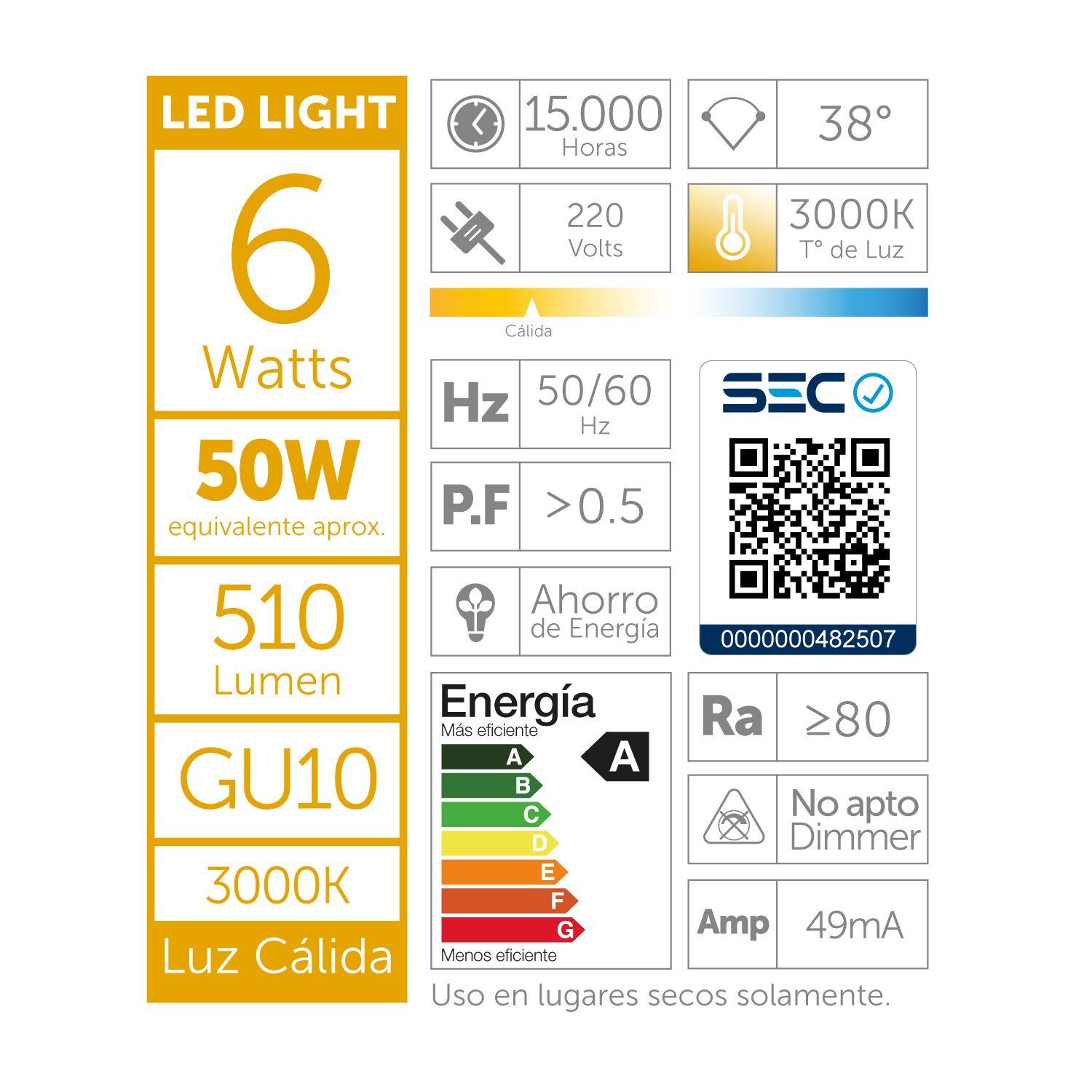 Ampolleta Led gu10 6w Luz Cálida-2