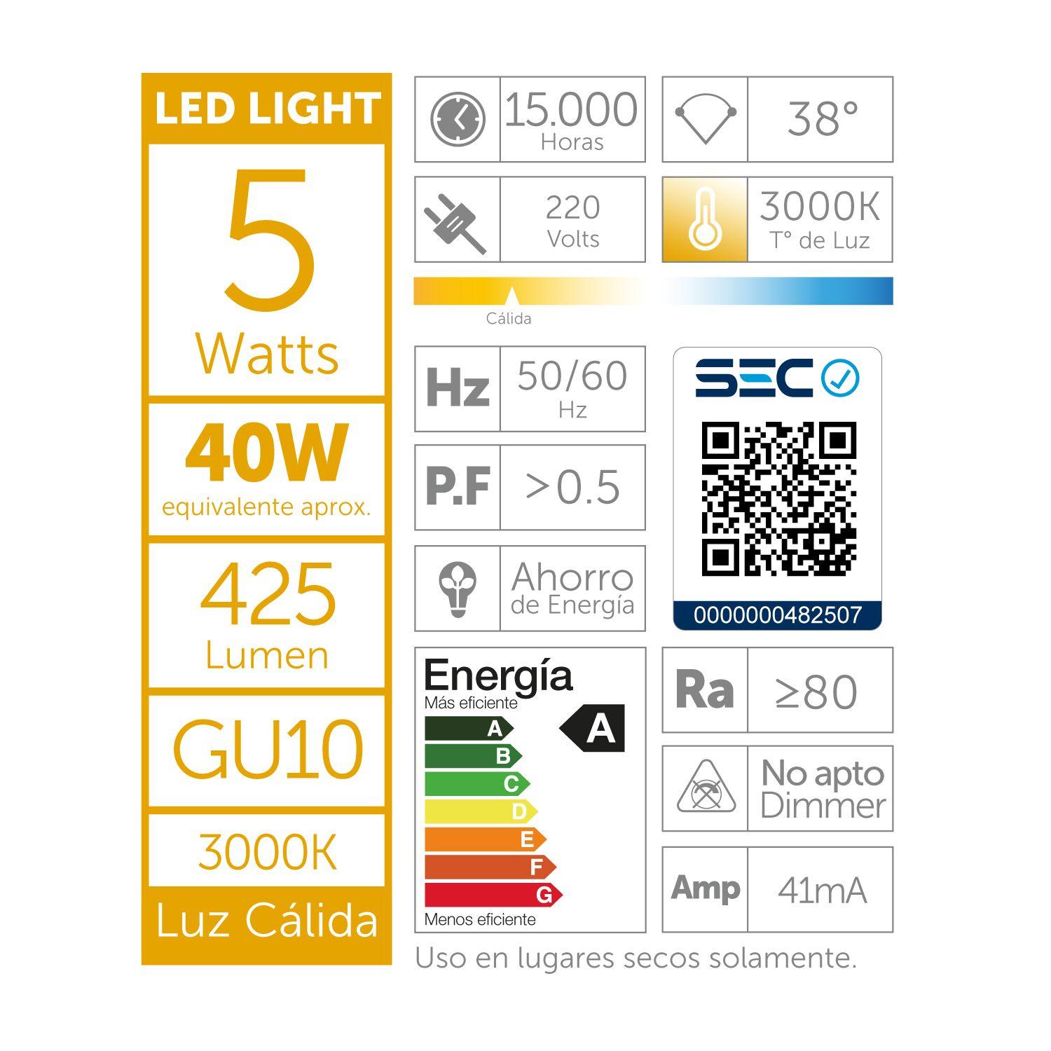 Pack 4 Ampolletas Led GU10 5W Luz Cálida-2