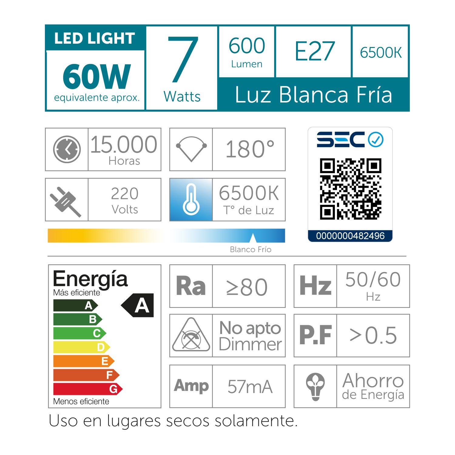 Ampolleta Led a60 7w Luz Fría-2