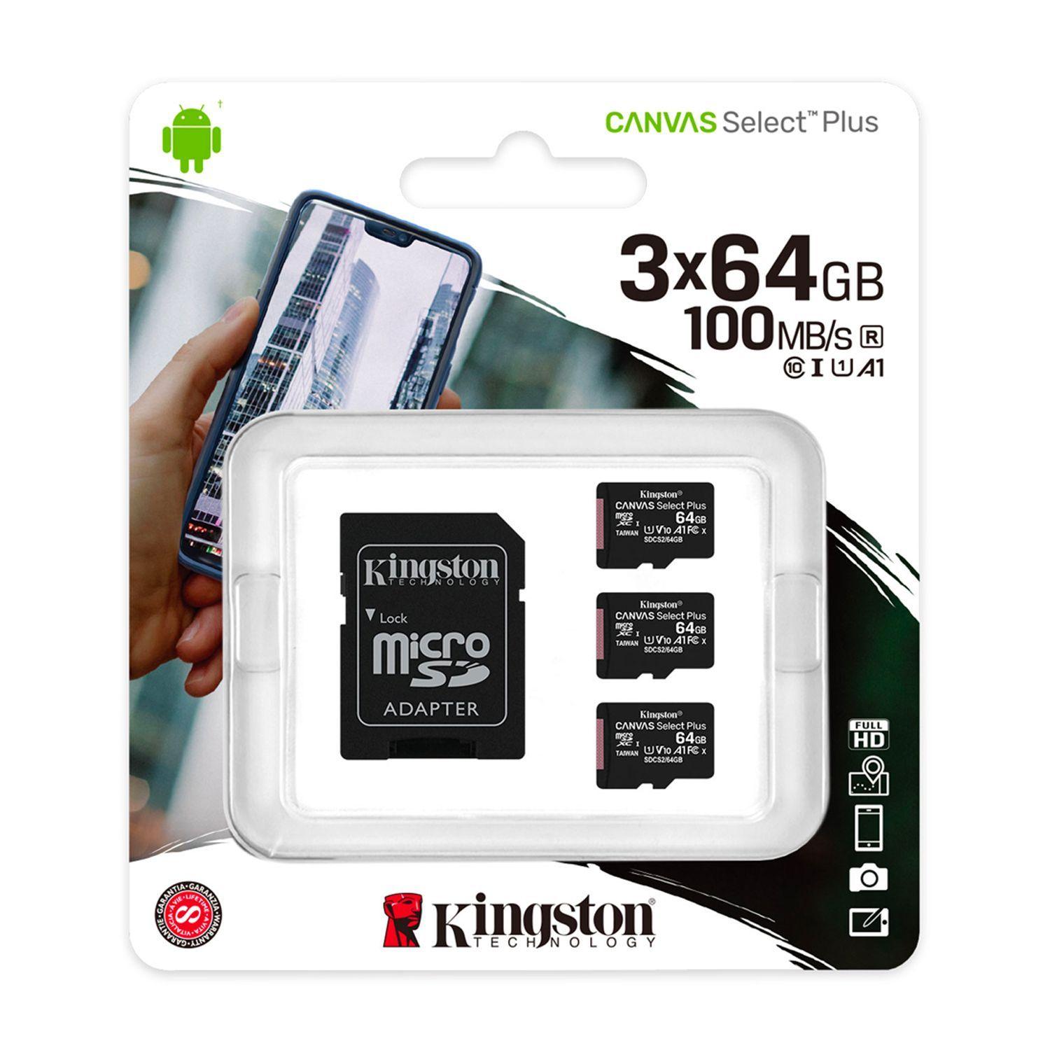 Pack 3 Memoria Micro SD 64GB Canvas Select Plus Kingston-2