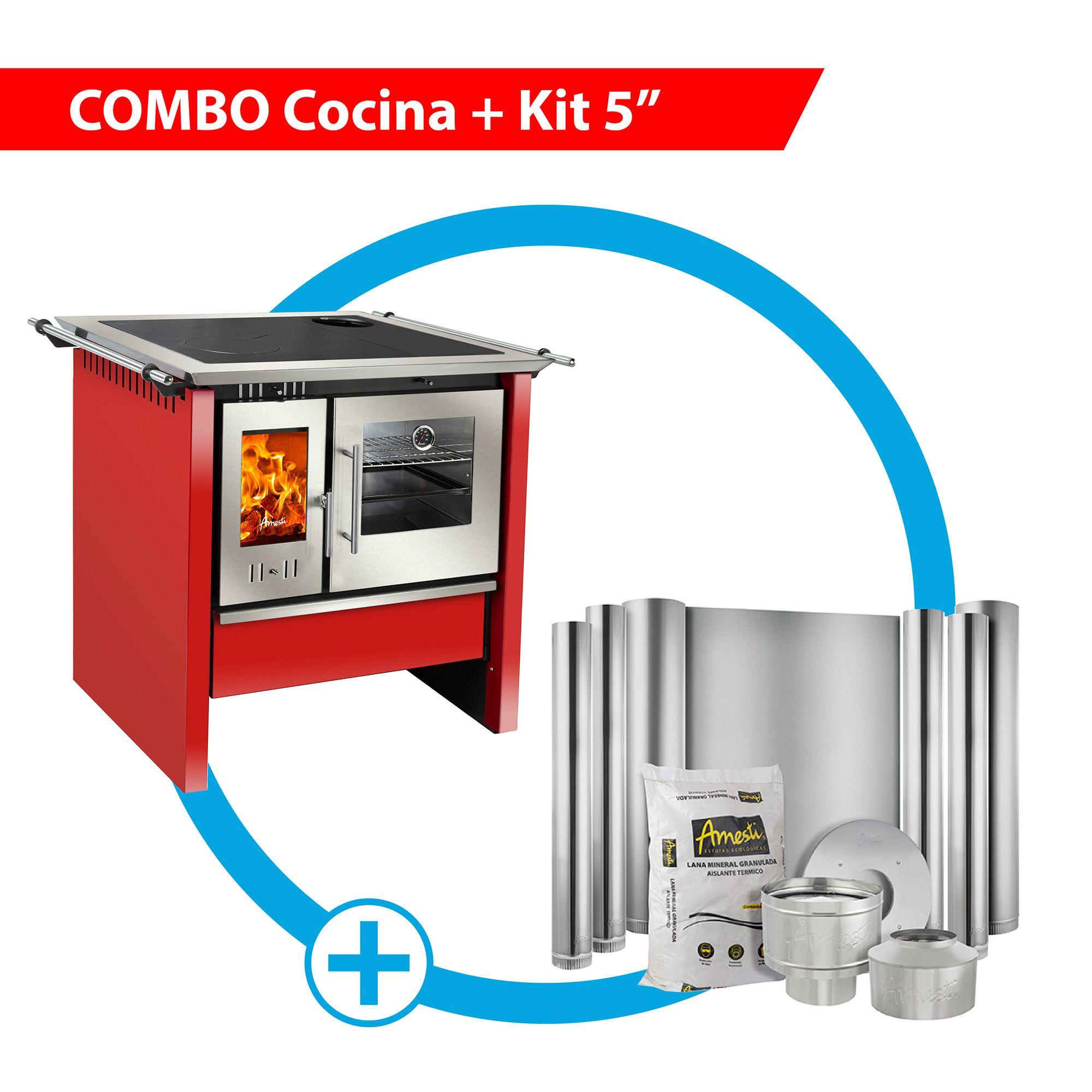 Combo Cocina a leña Allegra inox Roja + Kit Instalación 5"-0