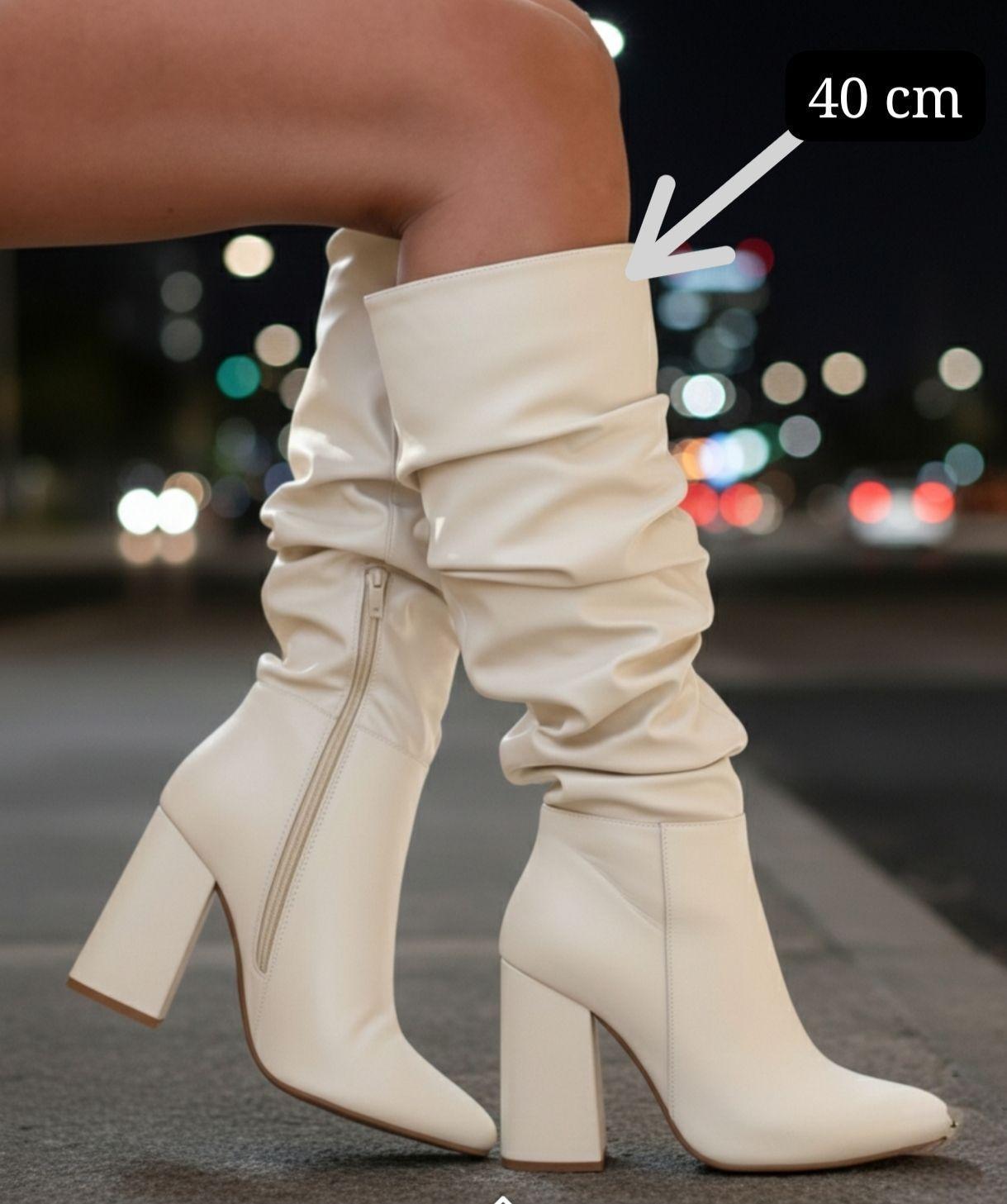 Elegante Bota Beige Para  Mujer Taco Alto  En Eco Cuero M569-2