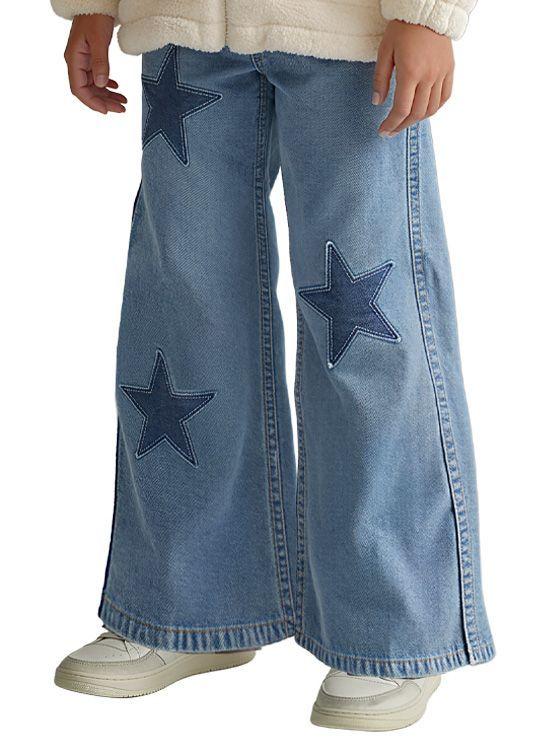 Jeans Ancho Niña con Parches de Estrellas-0