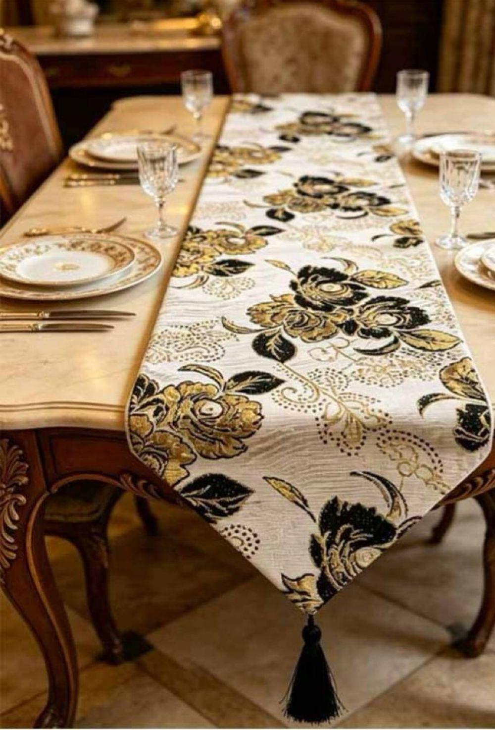 Mantel Camino De Mesa Tela Bordados Flores Dorados y Negro 180x32cm-0