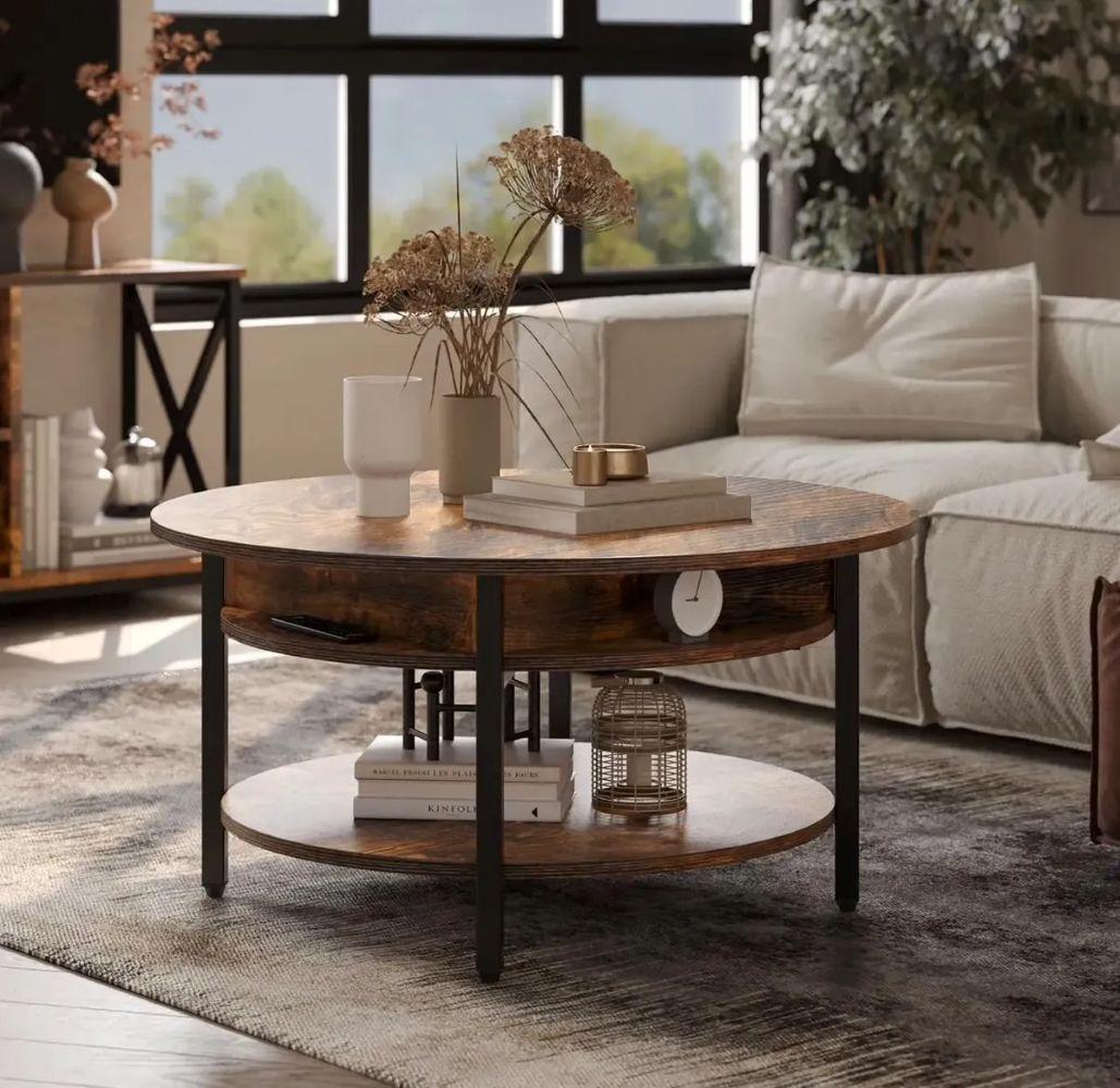 Mesa De Centro Redonda Elevable Con Almacenamiento Marron-2