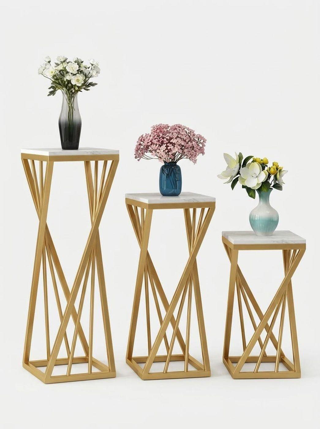 Set X3 Columnas Decorativas Con Repisas Doradas Porta Macetas-3