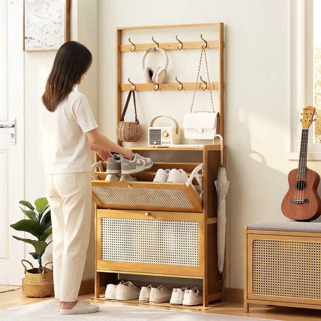 Organizador Zapatero Colgador Perchero Puertas Ratan madera-1