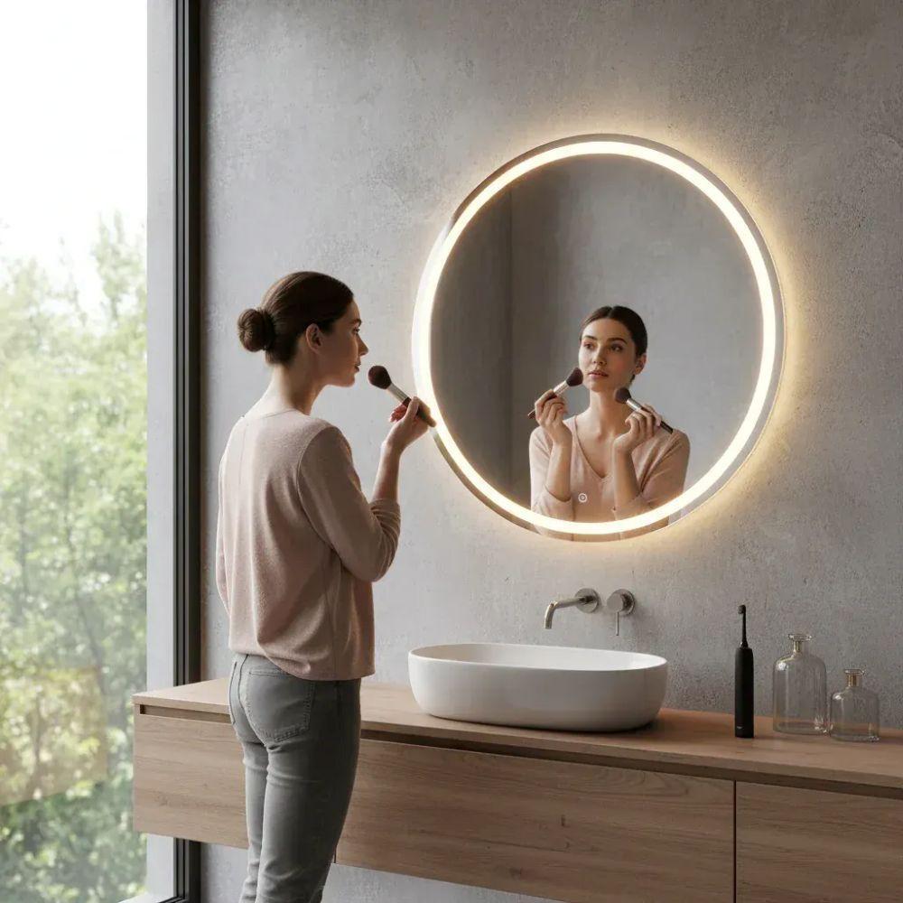Espejo Redondo 80cm Luz Led Tactil Touch 3 Tonos De Luz Marco Dorado-1