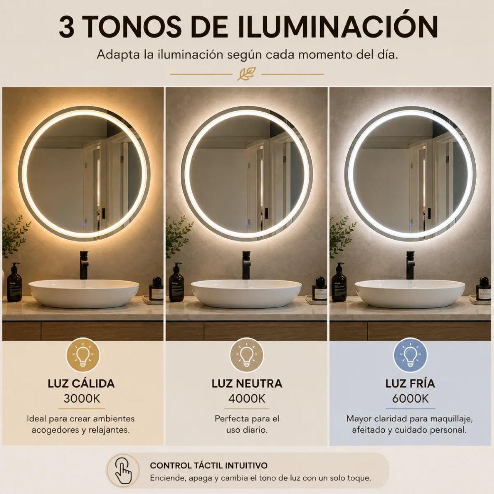 Espejo Redondo 80cm Luz Led Tactil Touch 3 Tonos De Luz Marco Dorado-2
