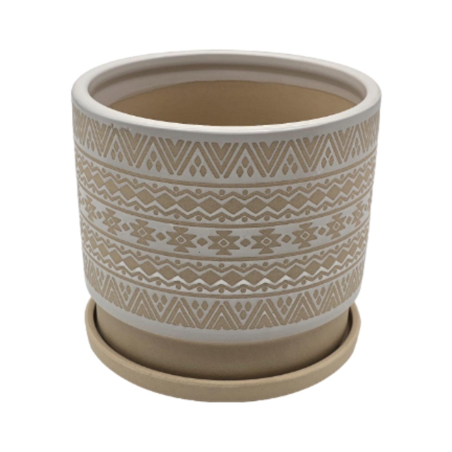 Macetero Maceta De Ceramica Beige Con Patrones Blancos S-2