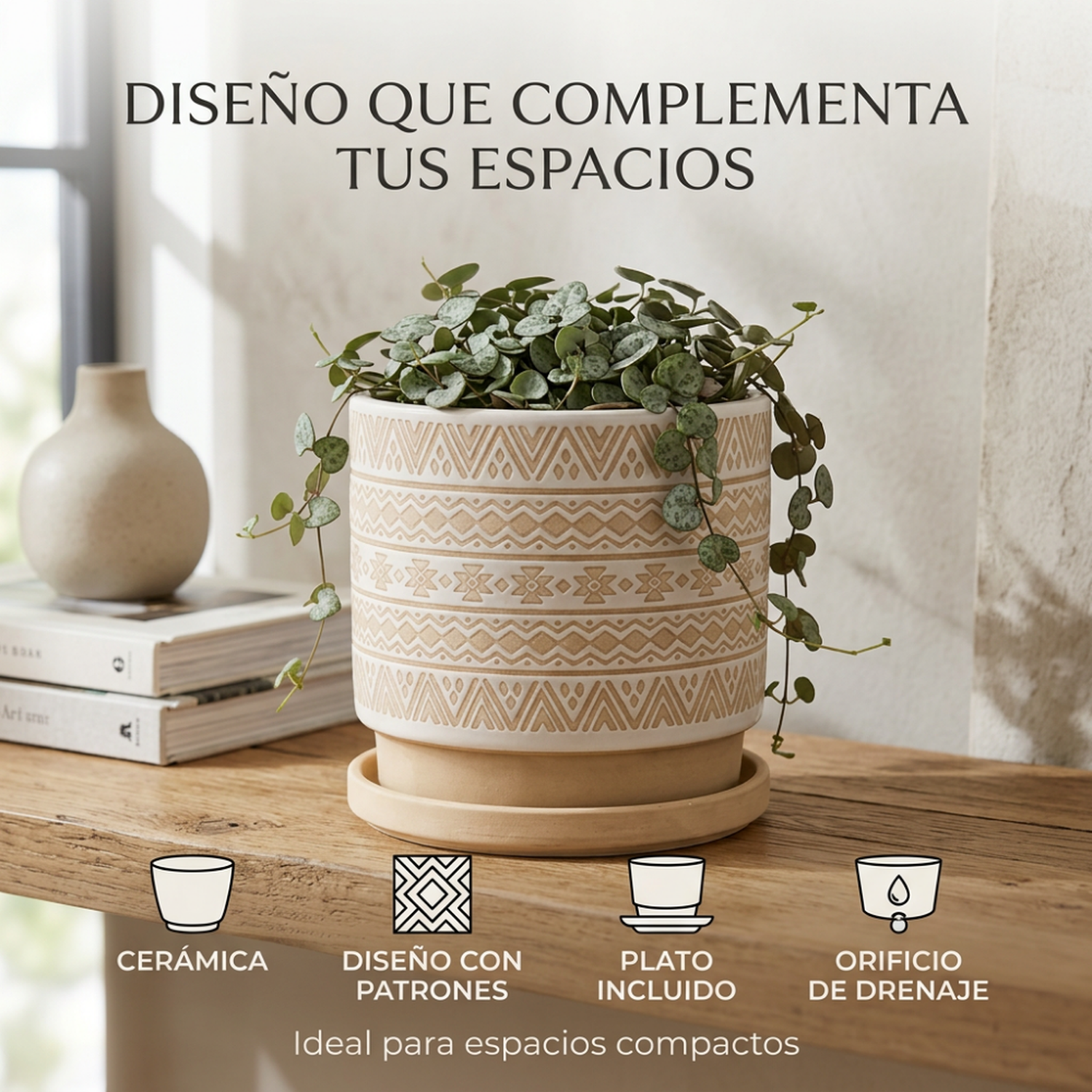 Macetero Maceta De Ceramica Beige Con Patrones Blancos S-2