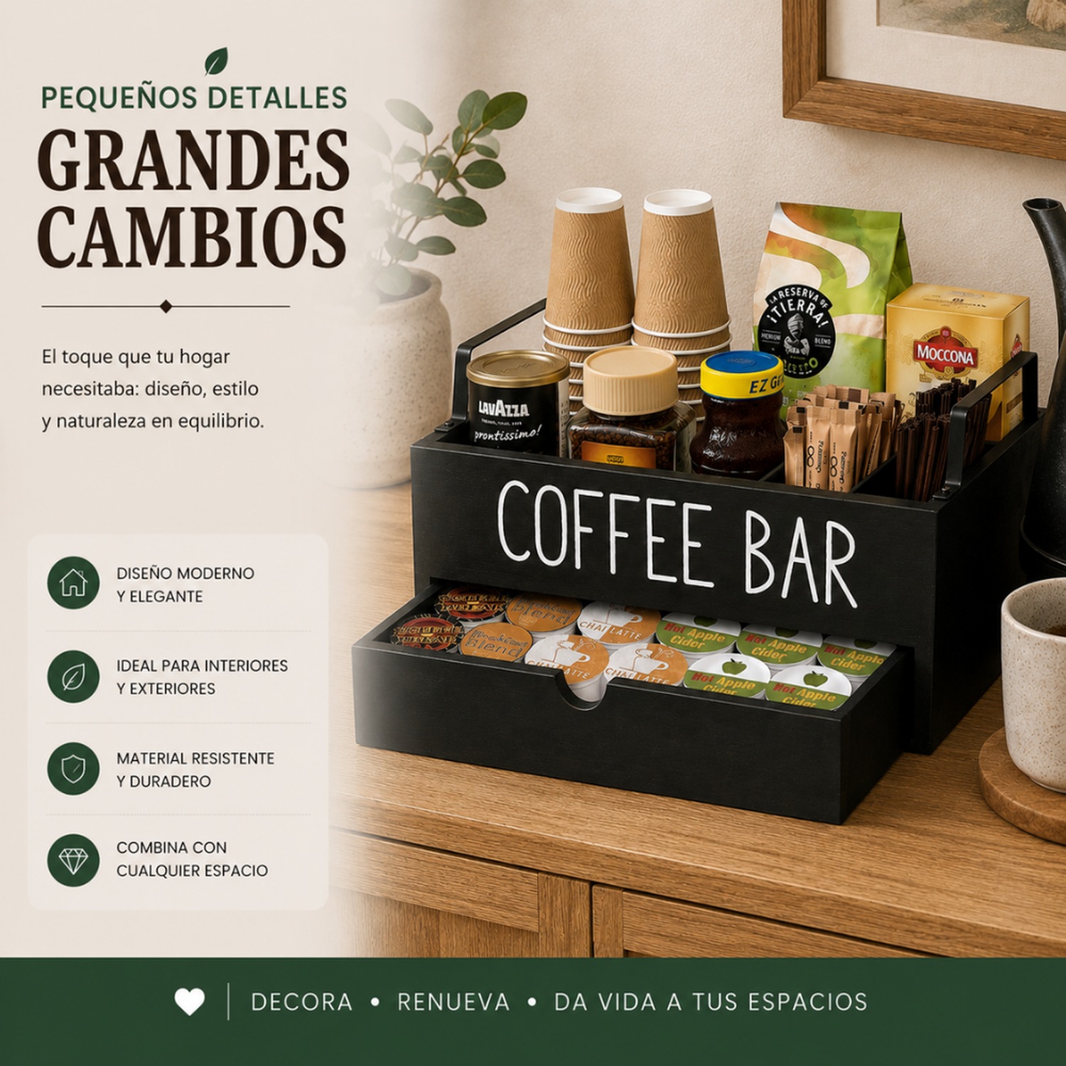 Caja De Té Coffee Bar Organizador Estación De Café Con Cajón-3