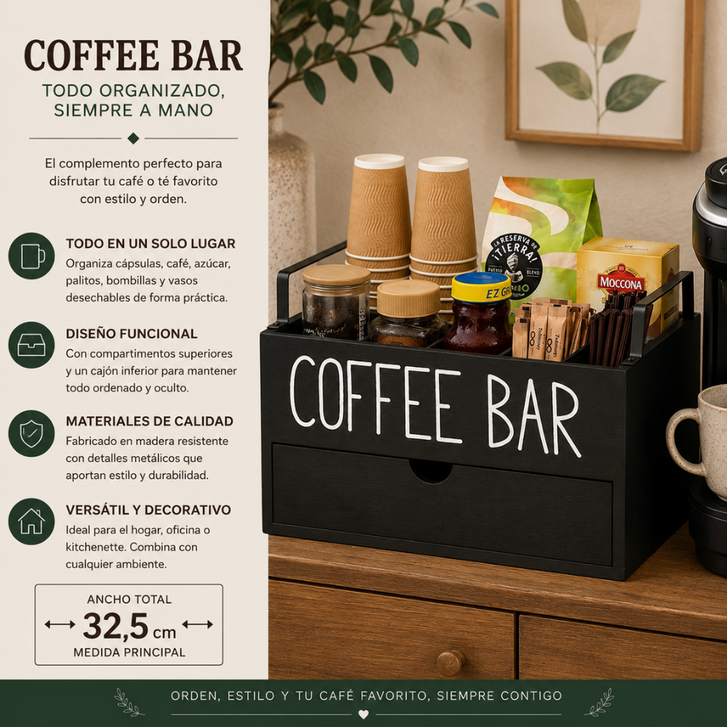 Caja De Té Coffee Bar Organizador Estación De Café Con Cajón-4