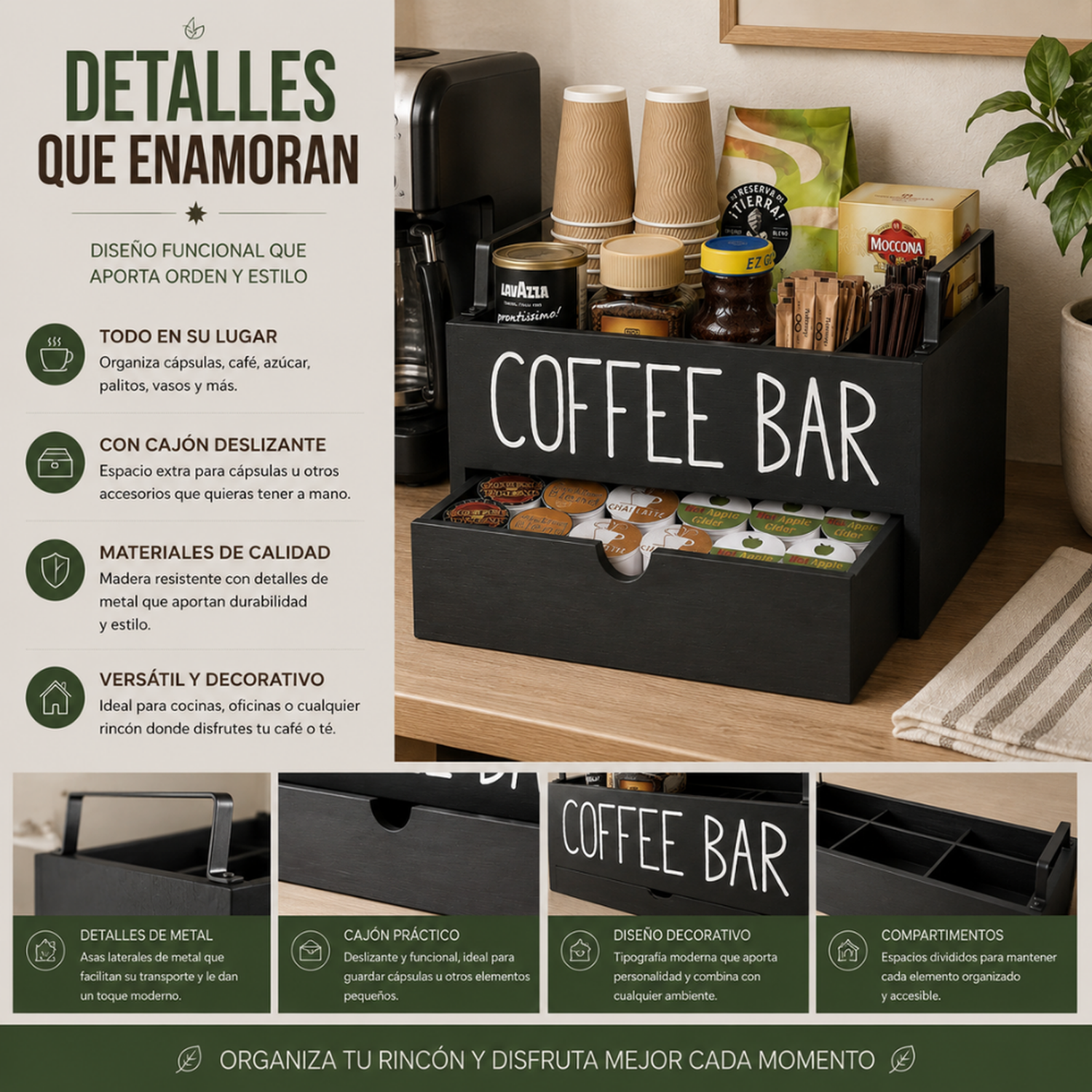 Caja De Té Coffee Bar Organizador Estación De Café Con Cajón-7