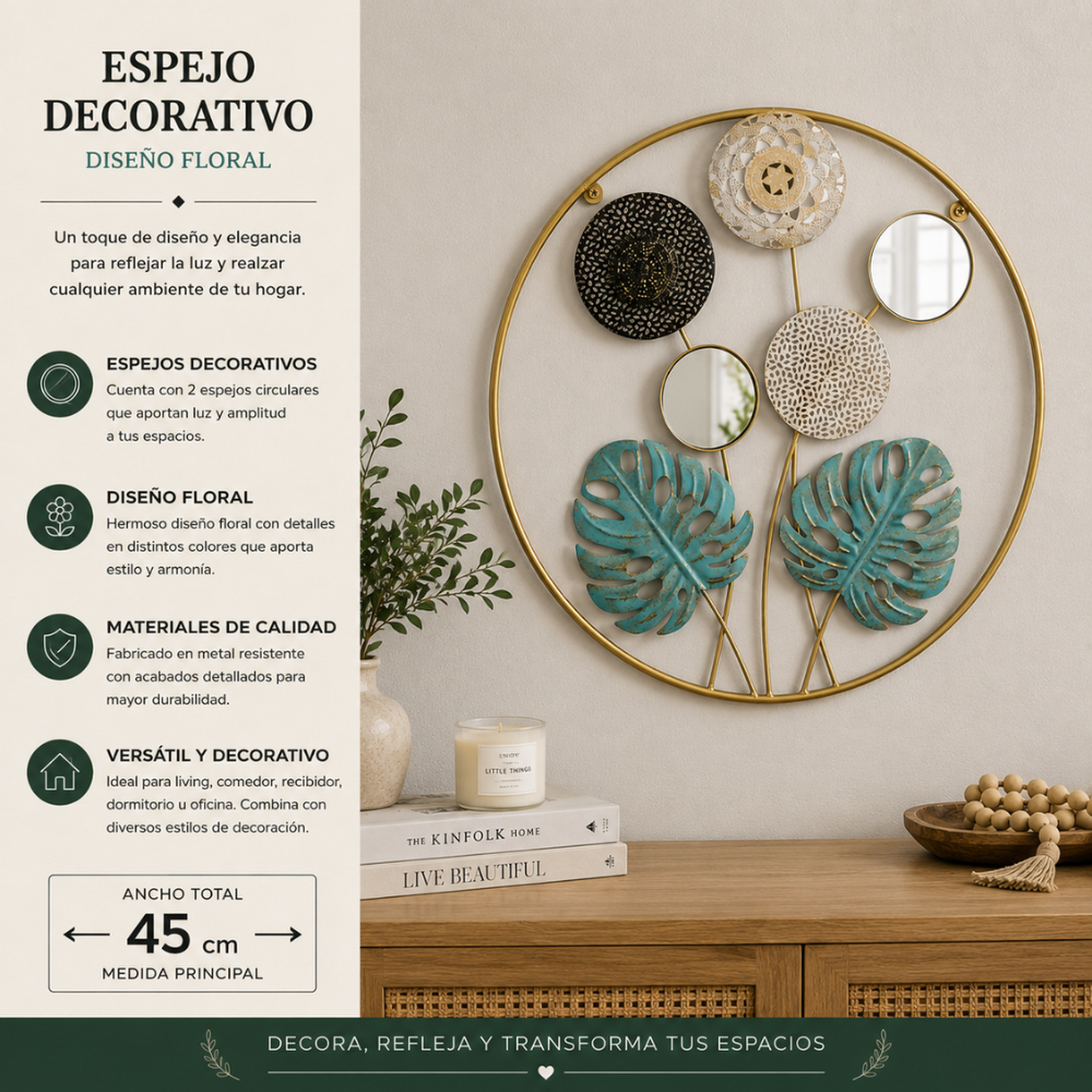 Cuadro De Metal Decorativo De Hojas Verdes Con 2 Espejos-3
