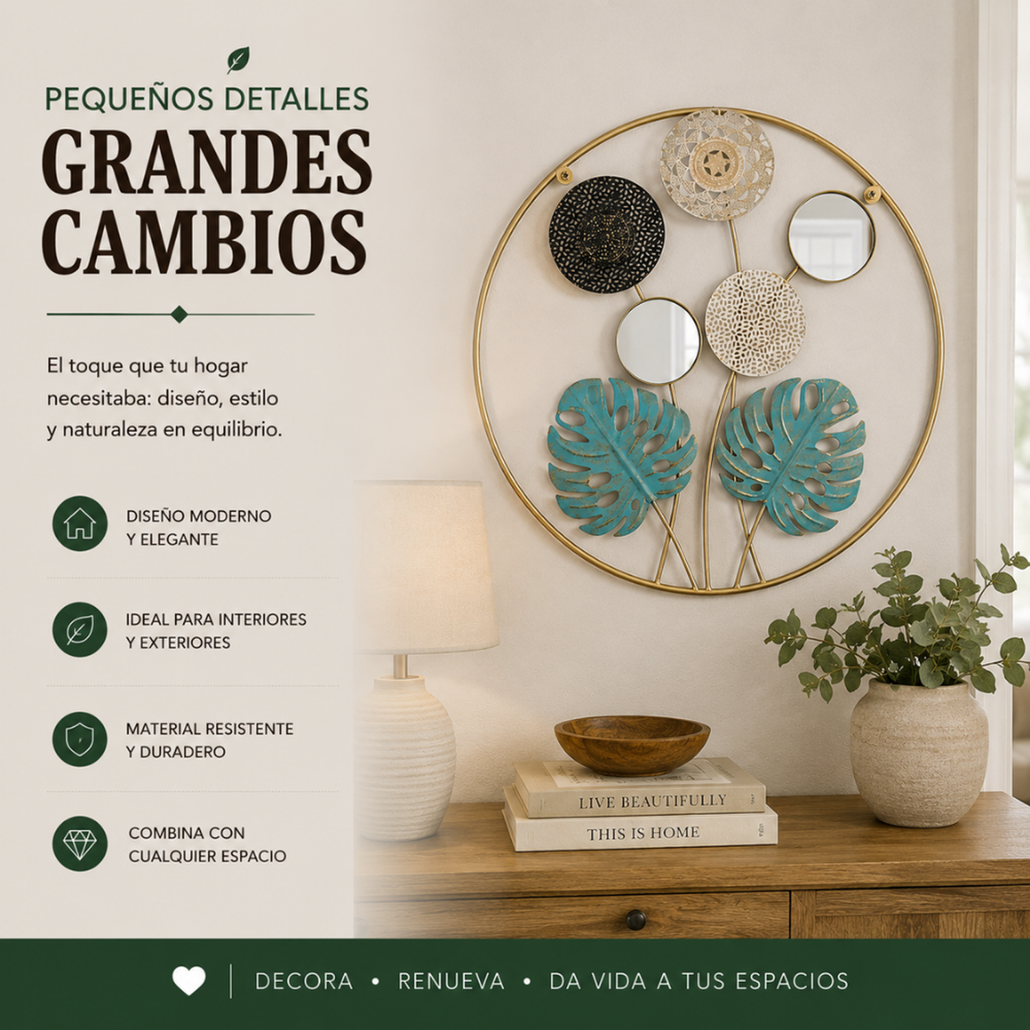 Cuadro De Metal Decorativo De Hojas Verdes Con 2 Espejos-4