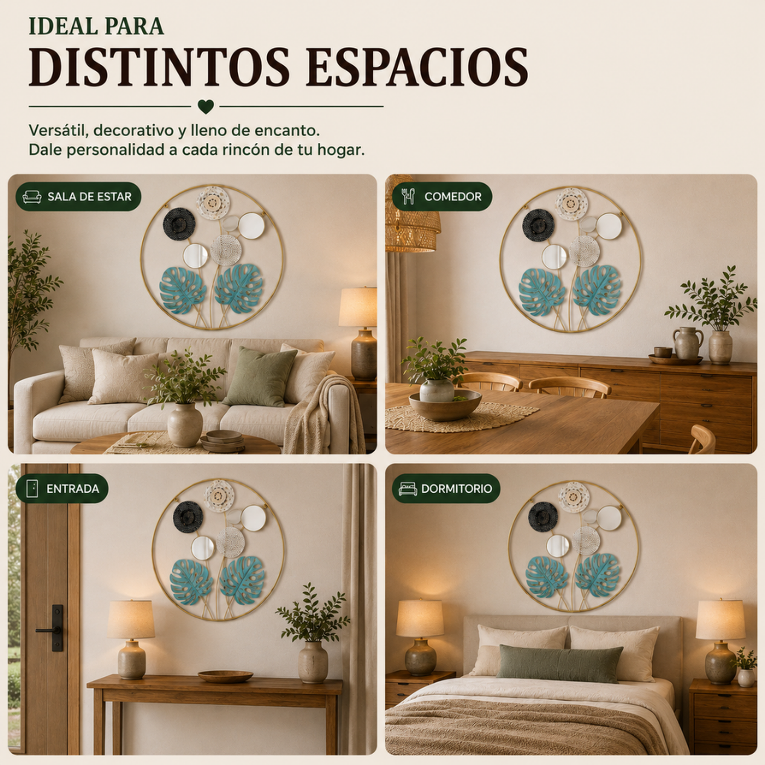 Cuadro De Metal Decorativo De Hojas Verdes Con 2 Espejos-5