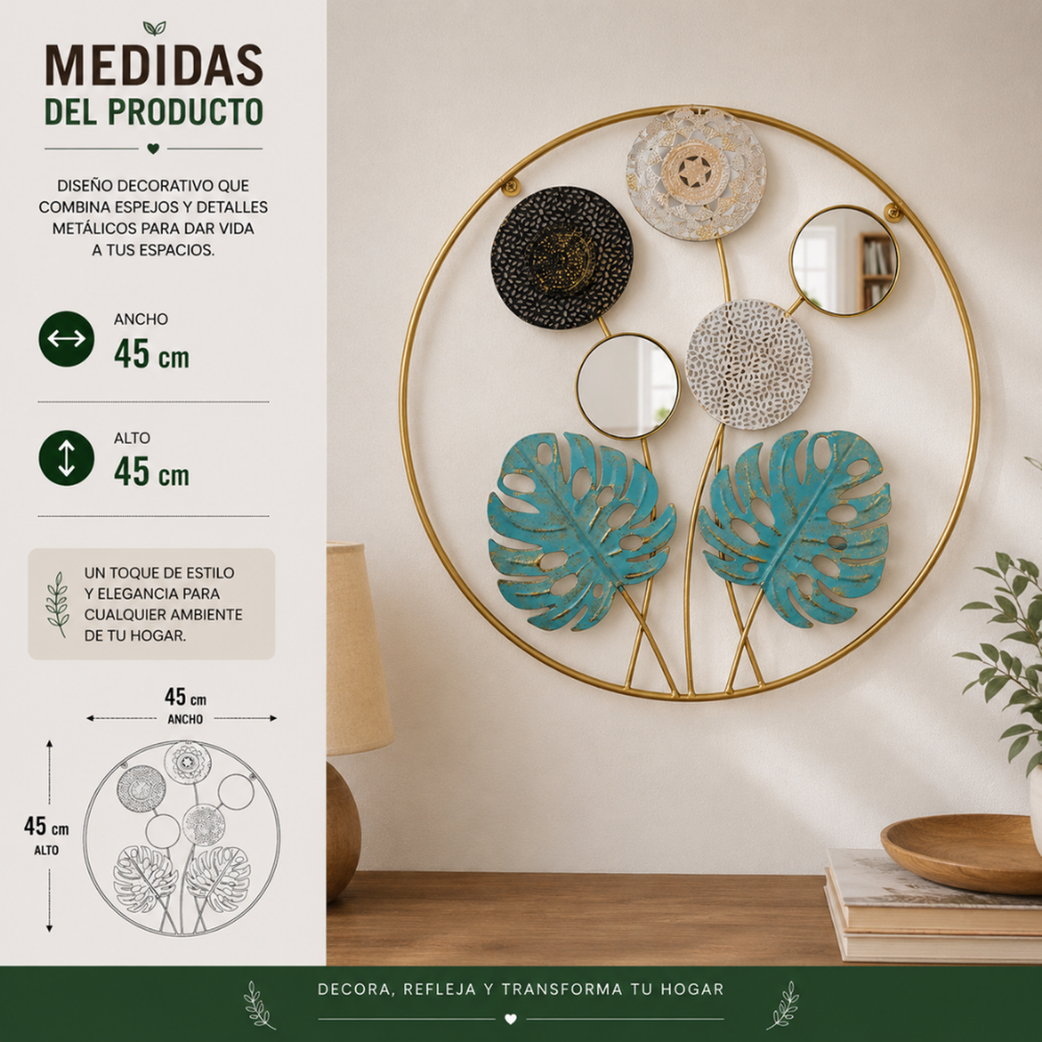 Cuadro De Metal Decorativo De Hojas Verdes Con 2 Espejos-6