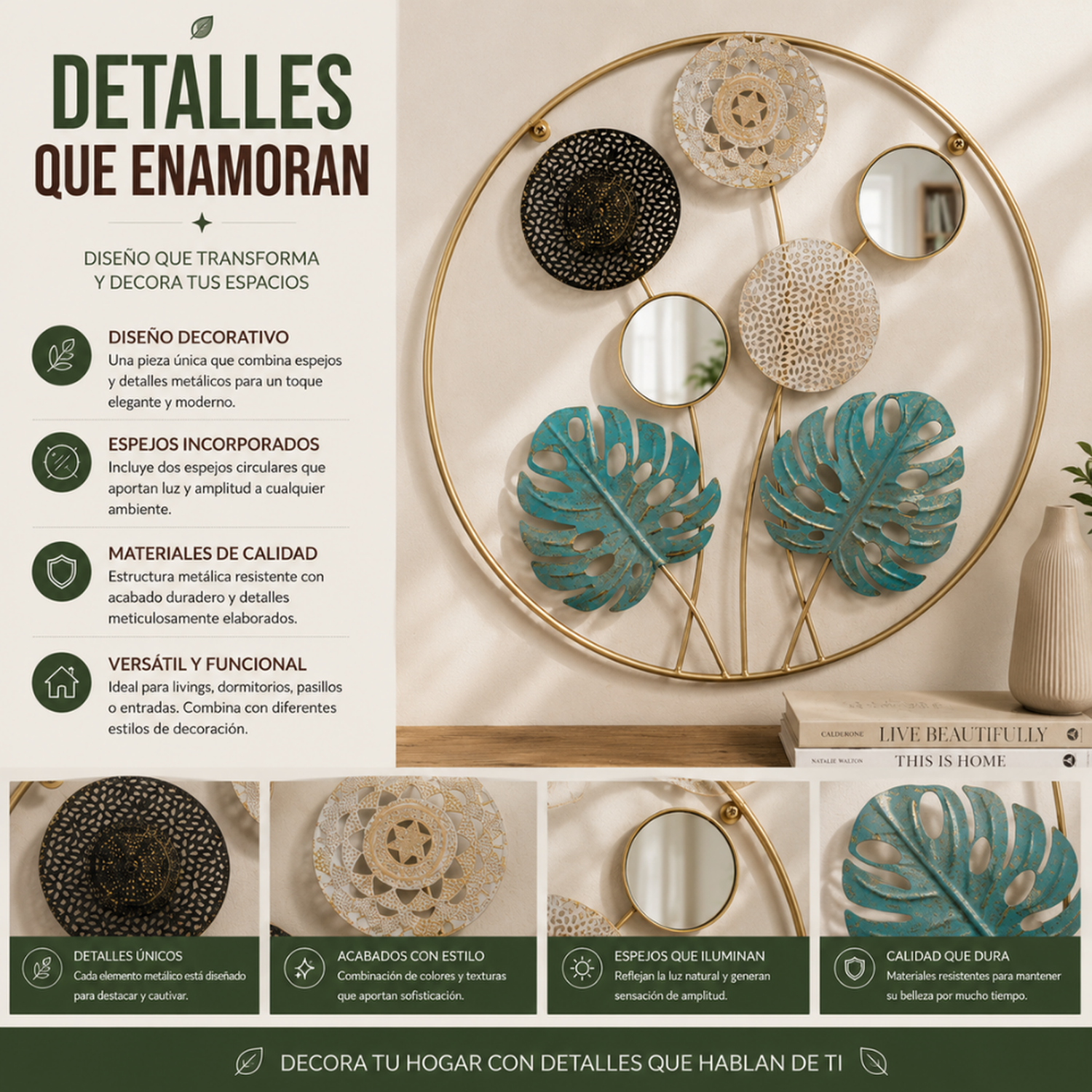 Cuadro De Metal Decorativo De Hojas Verdes Con 2 Espejos-7