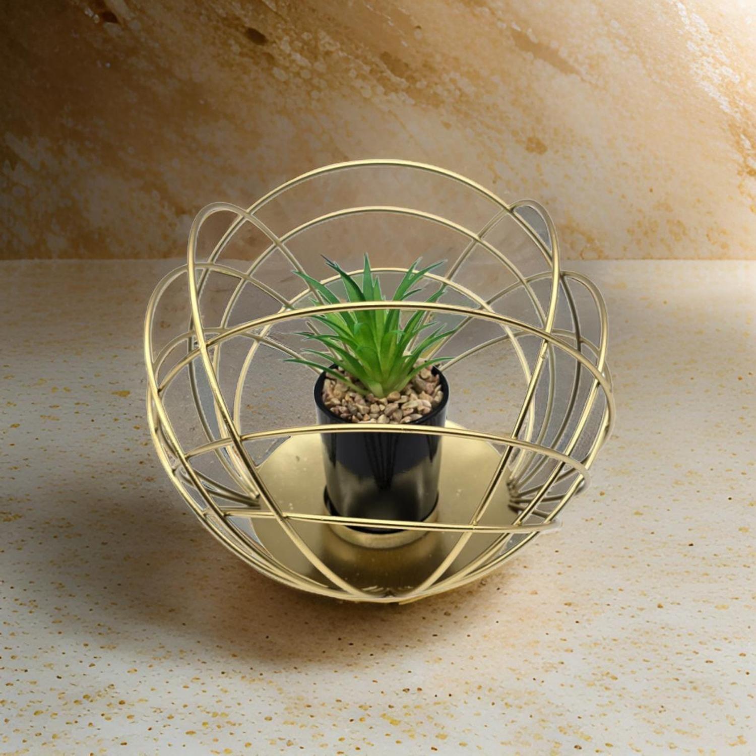 Figura Decorativa Candelabro Esfera Dorada Con Mini Planta-3