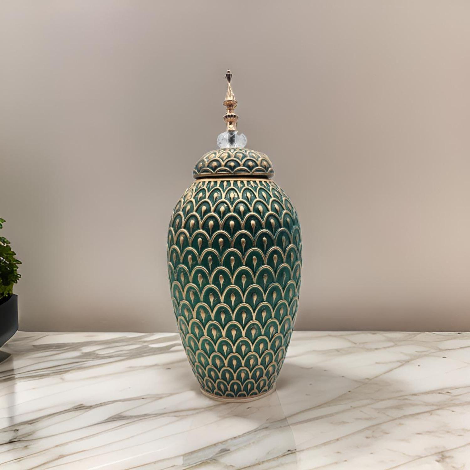 Florero Jarron Ceramica Verde Dorado Diseño Arabe Alargado-2