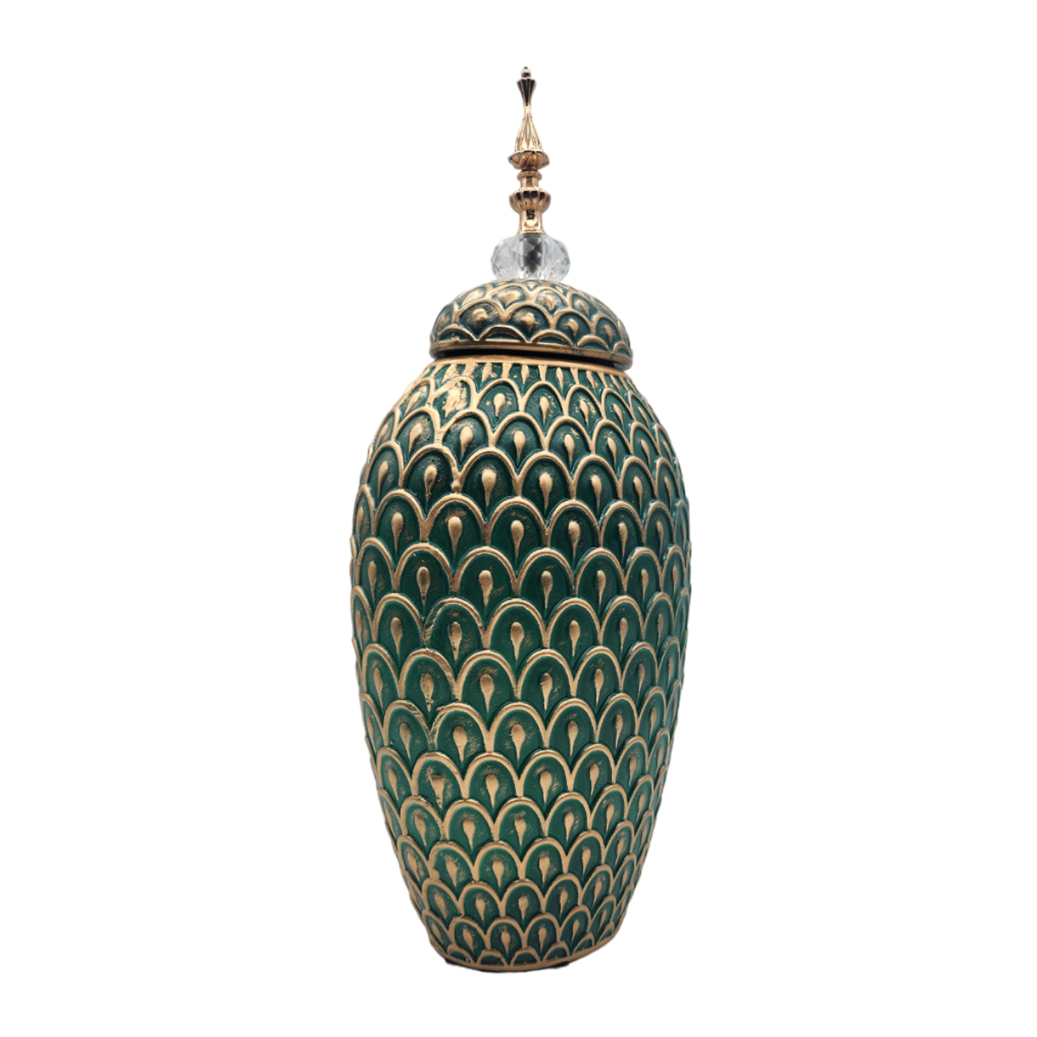 Florero Jarron Ceramica Verde Dorado Diseño Arabe Alargado-3