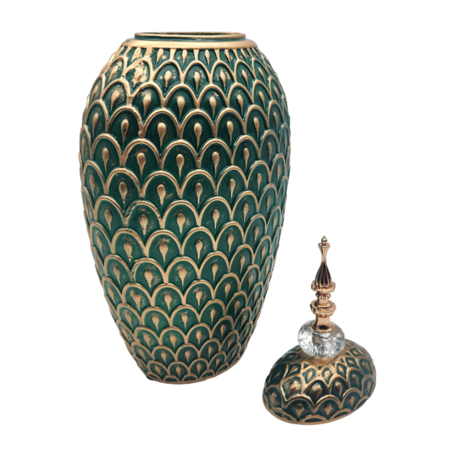 Florero Jarron Ceramica Verde Dorado Diseño Arabe Alargado-4