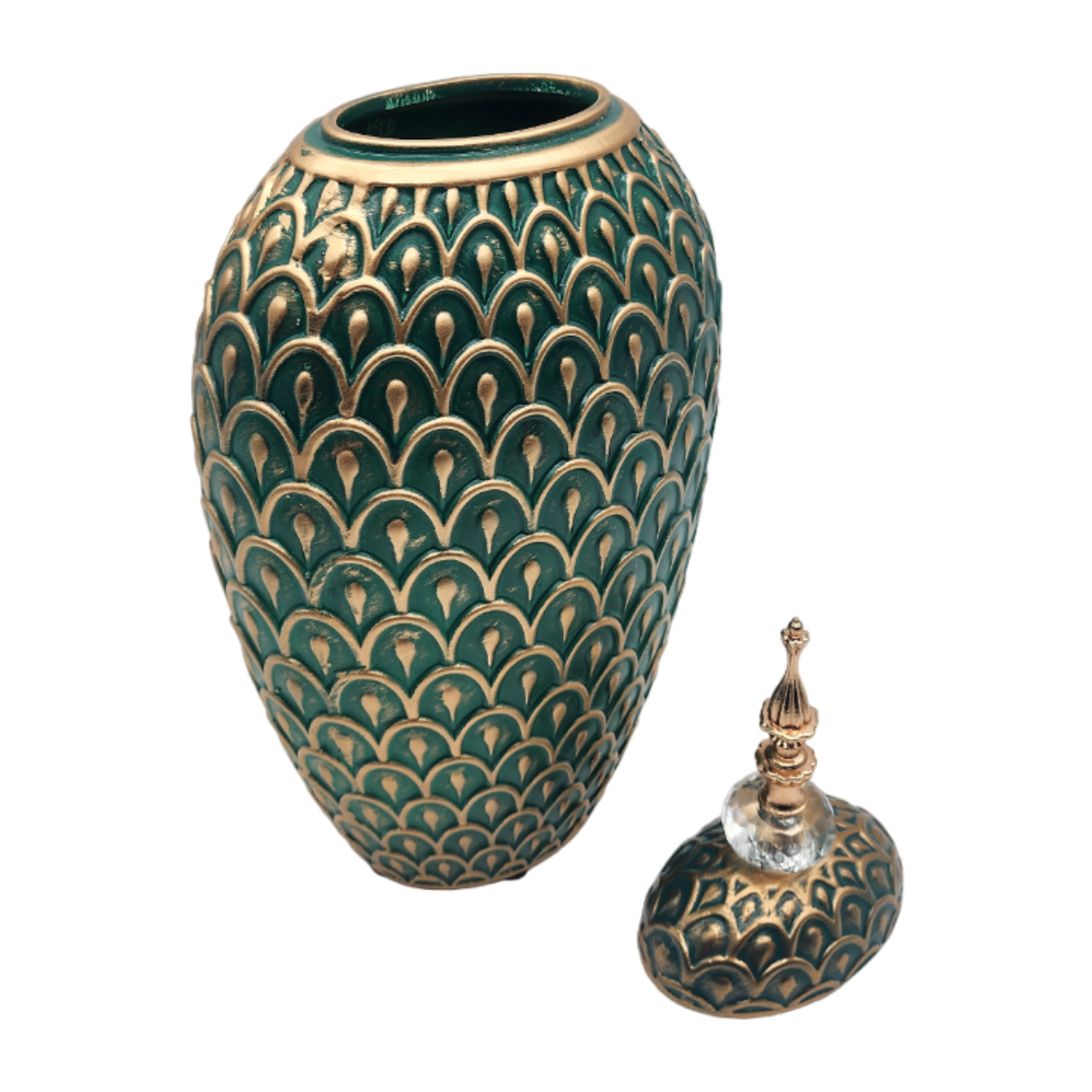 Florero Jarron Ceramica Verde Dorado Diseño Arabe Alargado-5