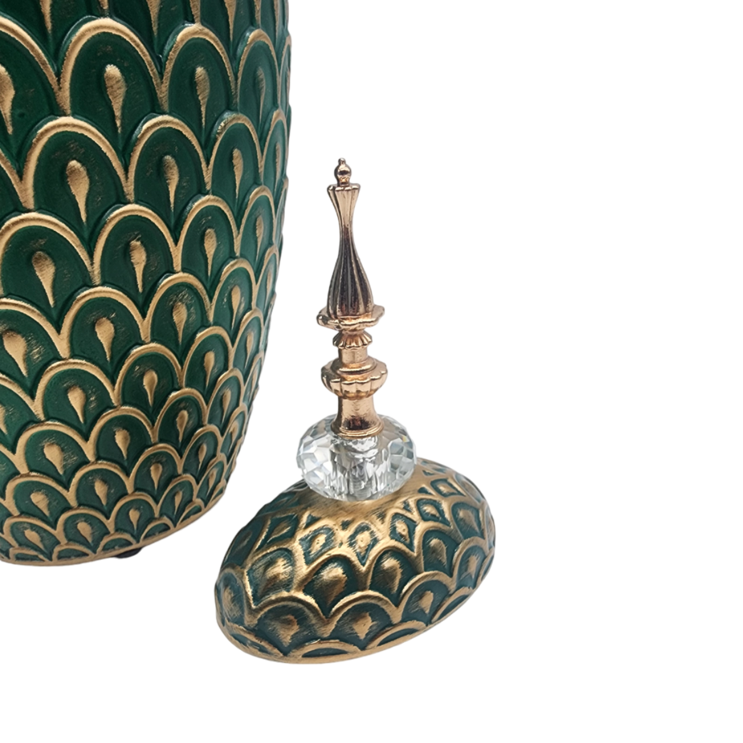 Florero Jarron Ceramica Verde Dorado Diseño Arabe Alargado-6