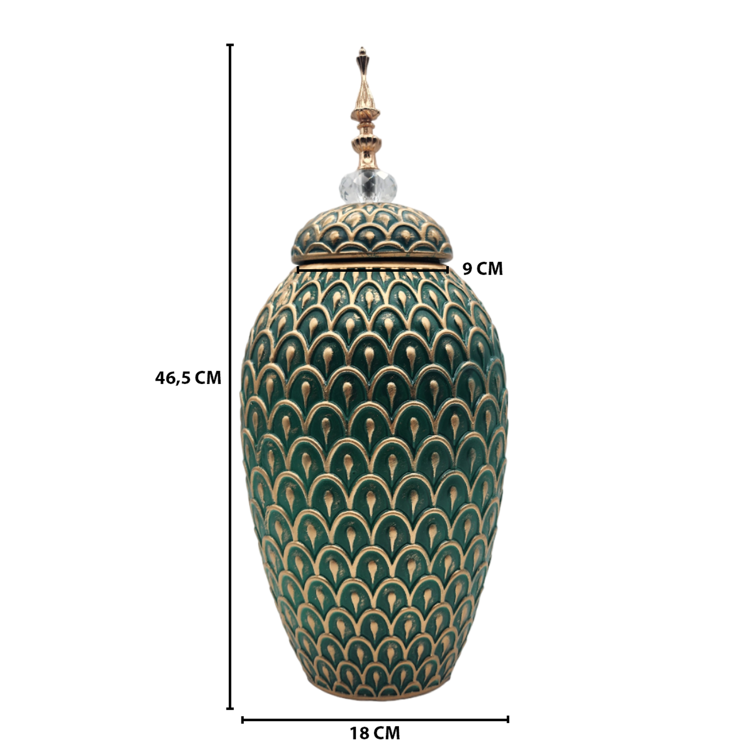Florero Jarron Ceramica Verde Dorado Diseño Arabe Alargado-7