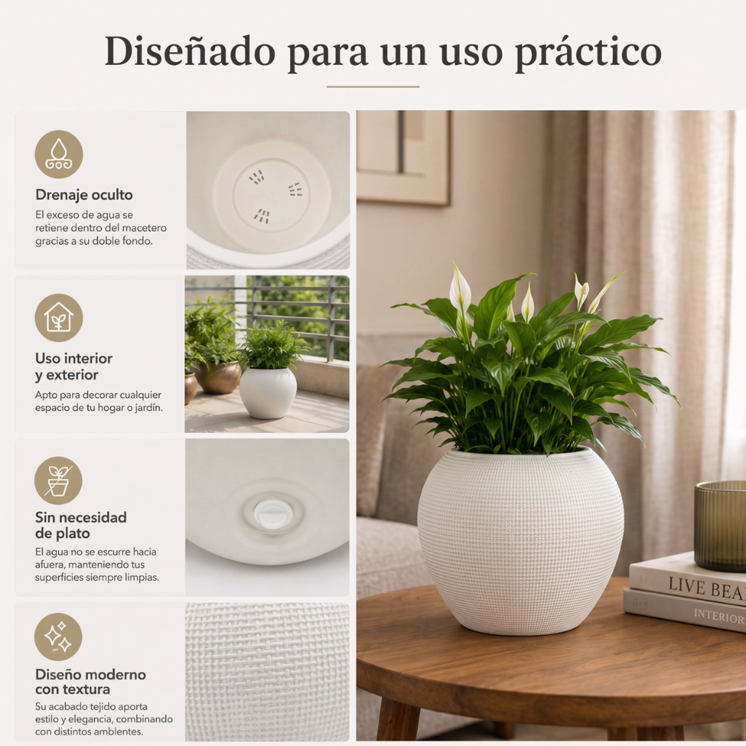 Set 2 Maceteros Plastico Redondo Ovalado Moderno Textura S-4